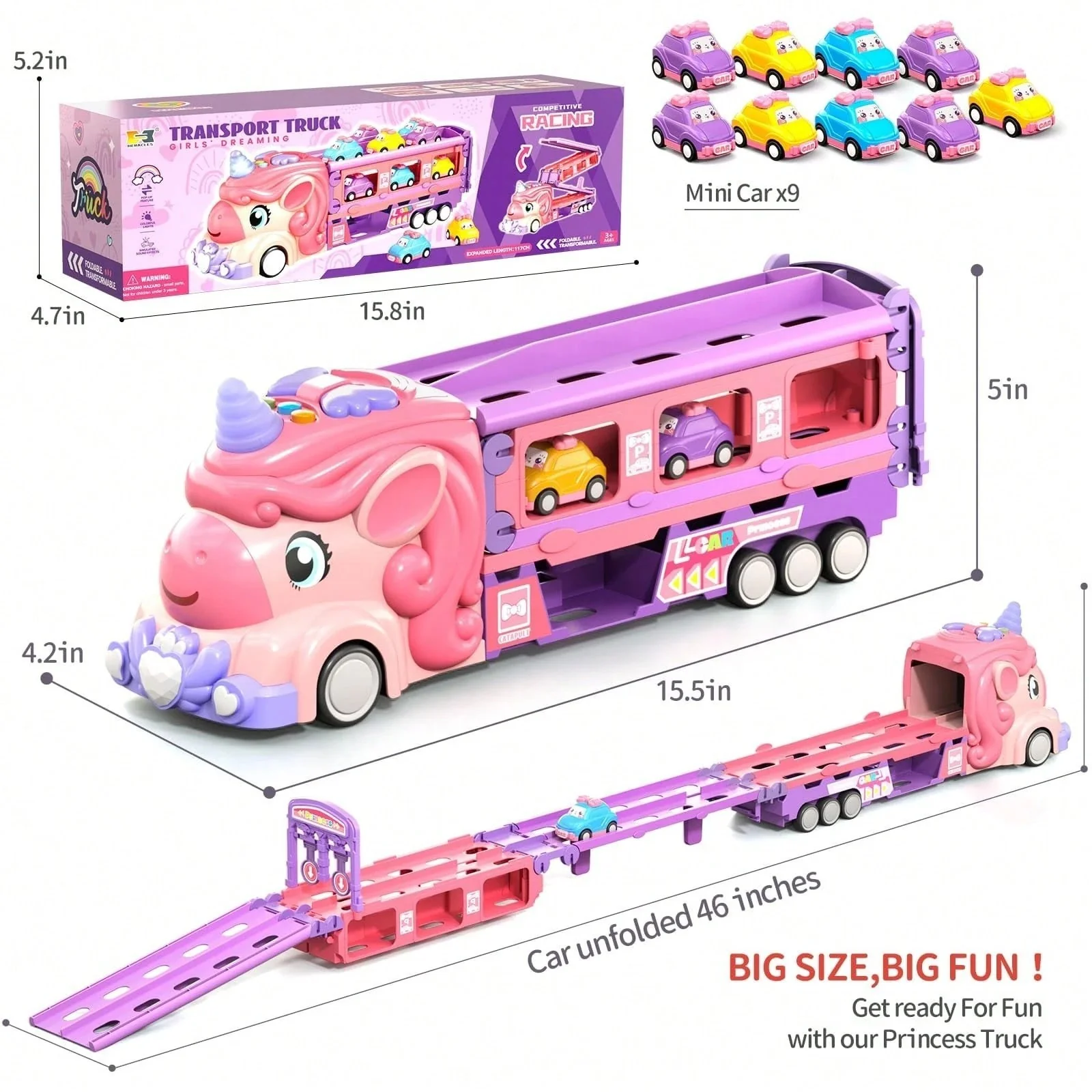 Magical Pink Unicorn Race Track Set with 9 Mini Cars for Girls - Image 2