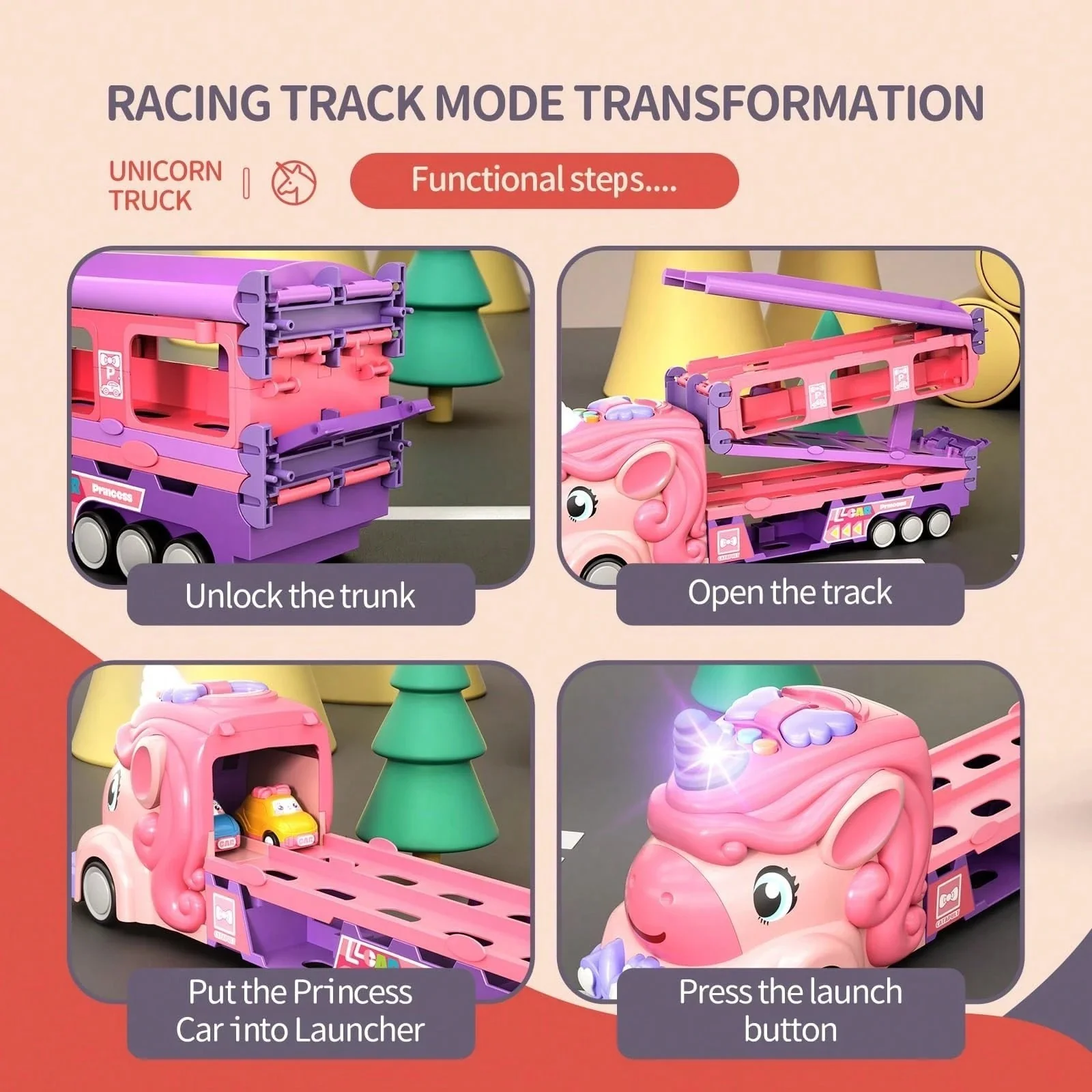 Magical Pink Unicorn Race Track Set with 9 Mini Cars for Girls - Image 3