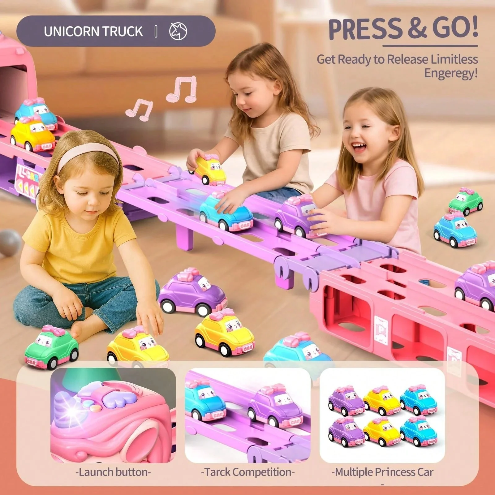 Magical Pink Unicorn Race Track Set with 9 Mini Cars for Girls - Image 6