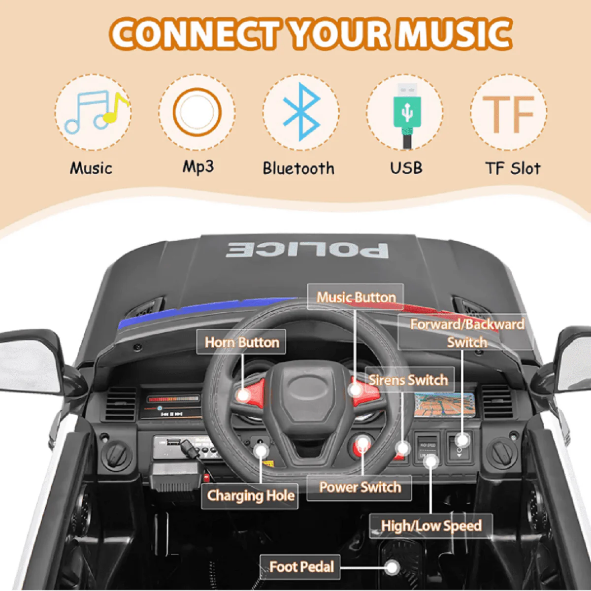 Police Car Electric Ride-On SUV for Kids with Remote Control - 12V Battery Powered Truck Toy - Image 7