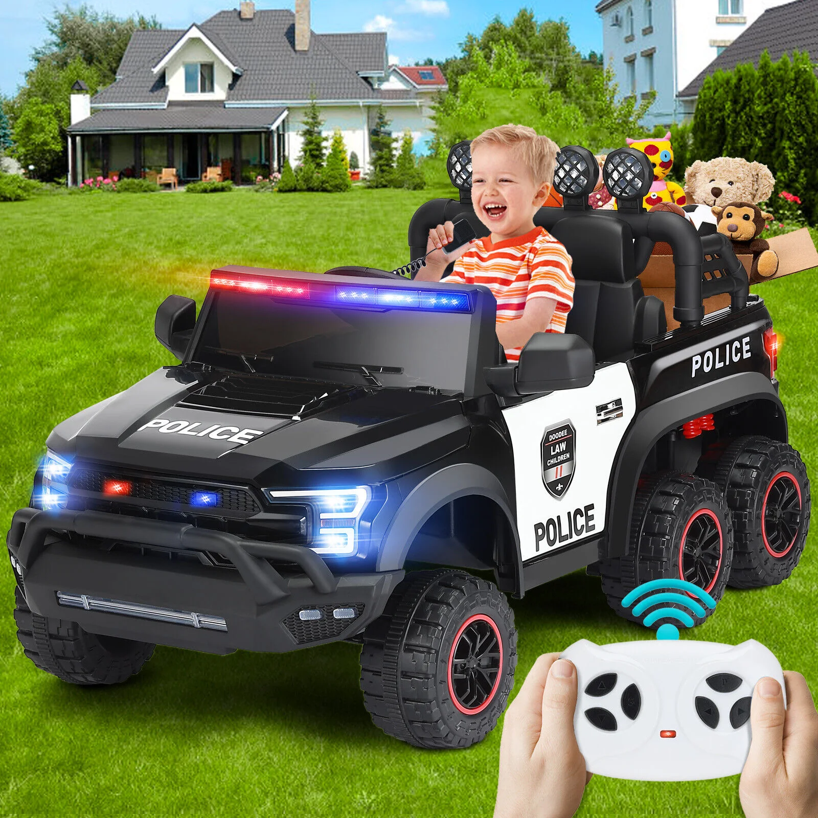 Police Car Truck for Kids with 12V Battery, 6 Wheels, LED Lights, Intercom, Siren, and Remote Control - Image 2