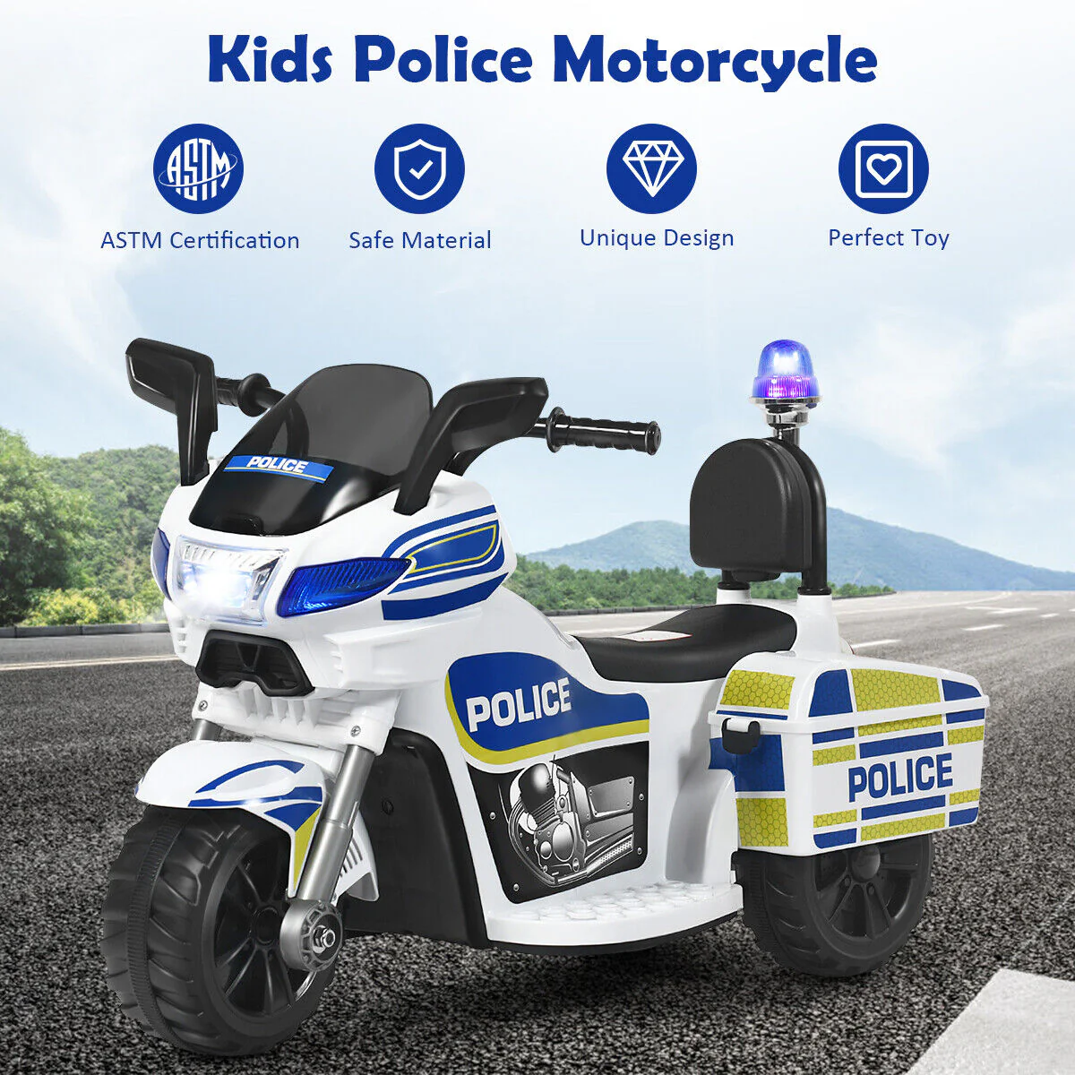 Police Motorcycle Trike for Kids with Headlight and Flashing Siren - 6V 3-Wheel Ride On - Image 5