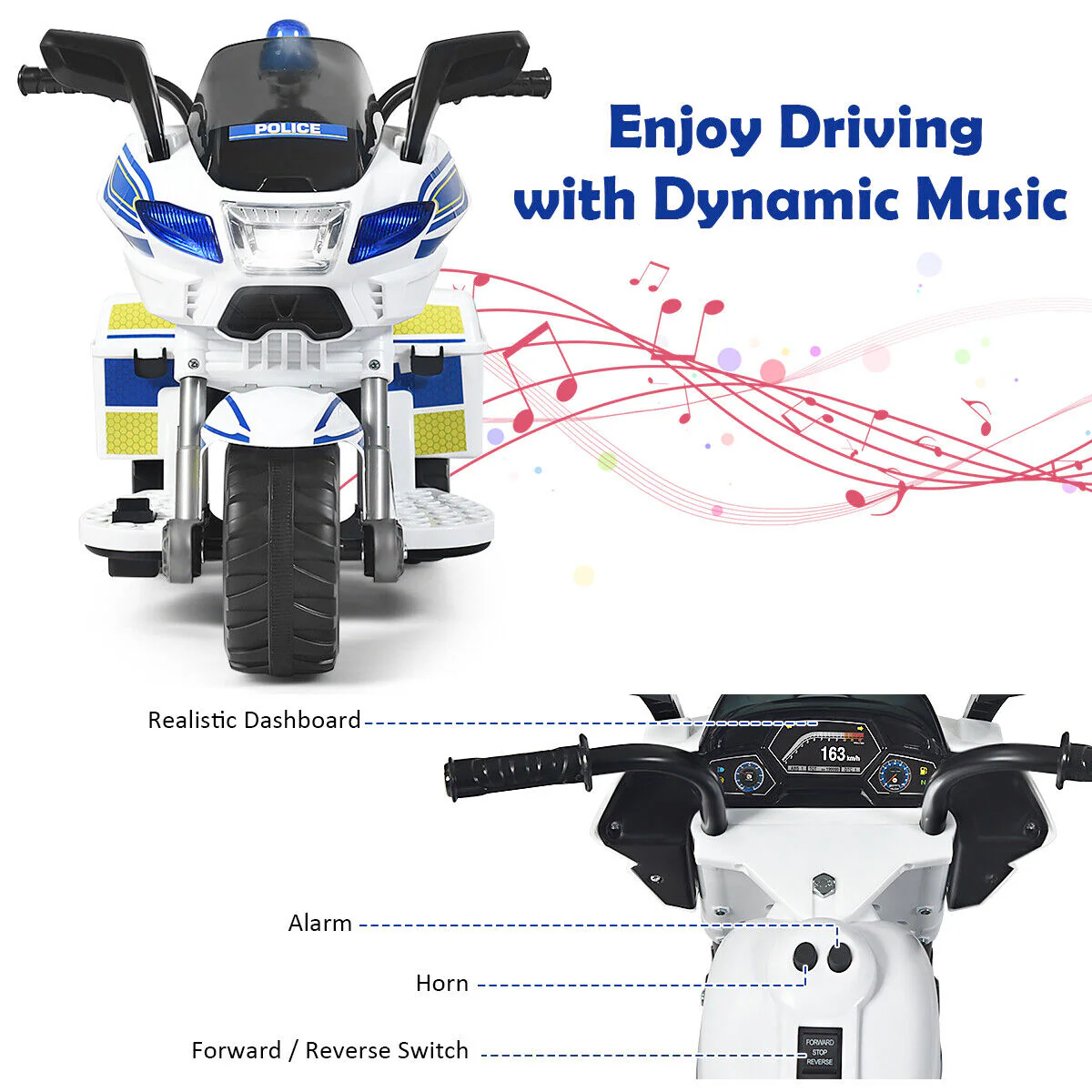 Police Motorcycle Trike for Kids with Headlight and Flashing Siren - 6V 3-Wheel Ride On - Image 6