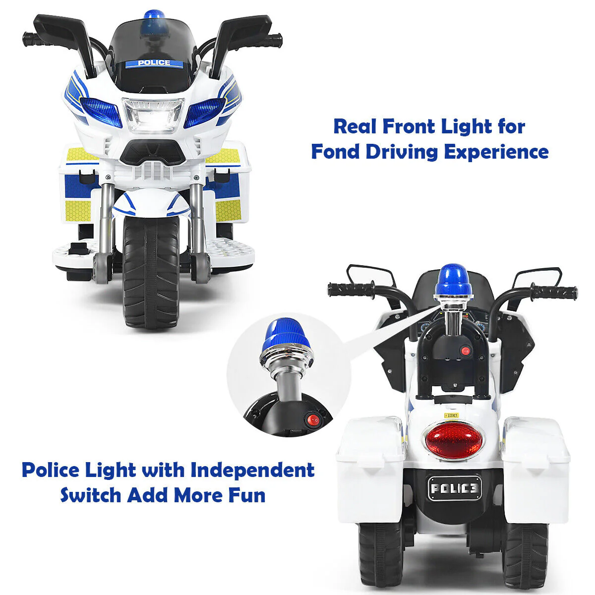 Police Motorcycle Trike for Kids with Headlight and Flashing Siren - 6V 3-Wheel Ride On - Image 8