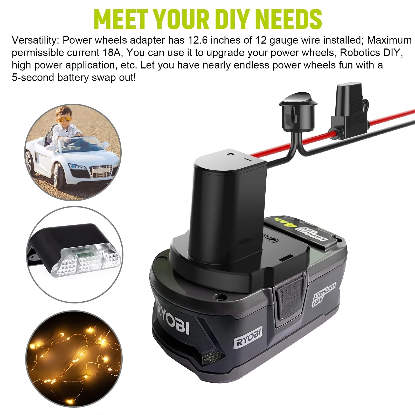 Battery Adapter with Fuse & Switch for 18V ONE+ Power Wheels - Image 2