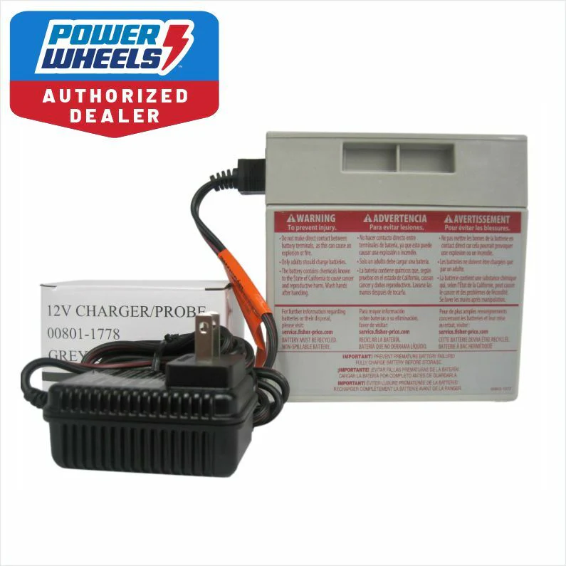 12V Gray Replacement Battery and Charger for Power Wheels Ride-On Toys