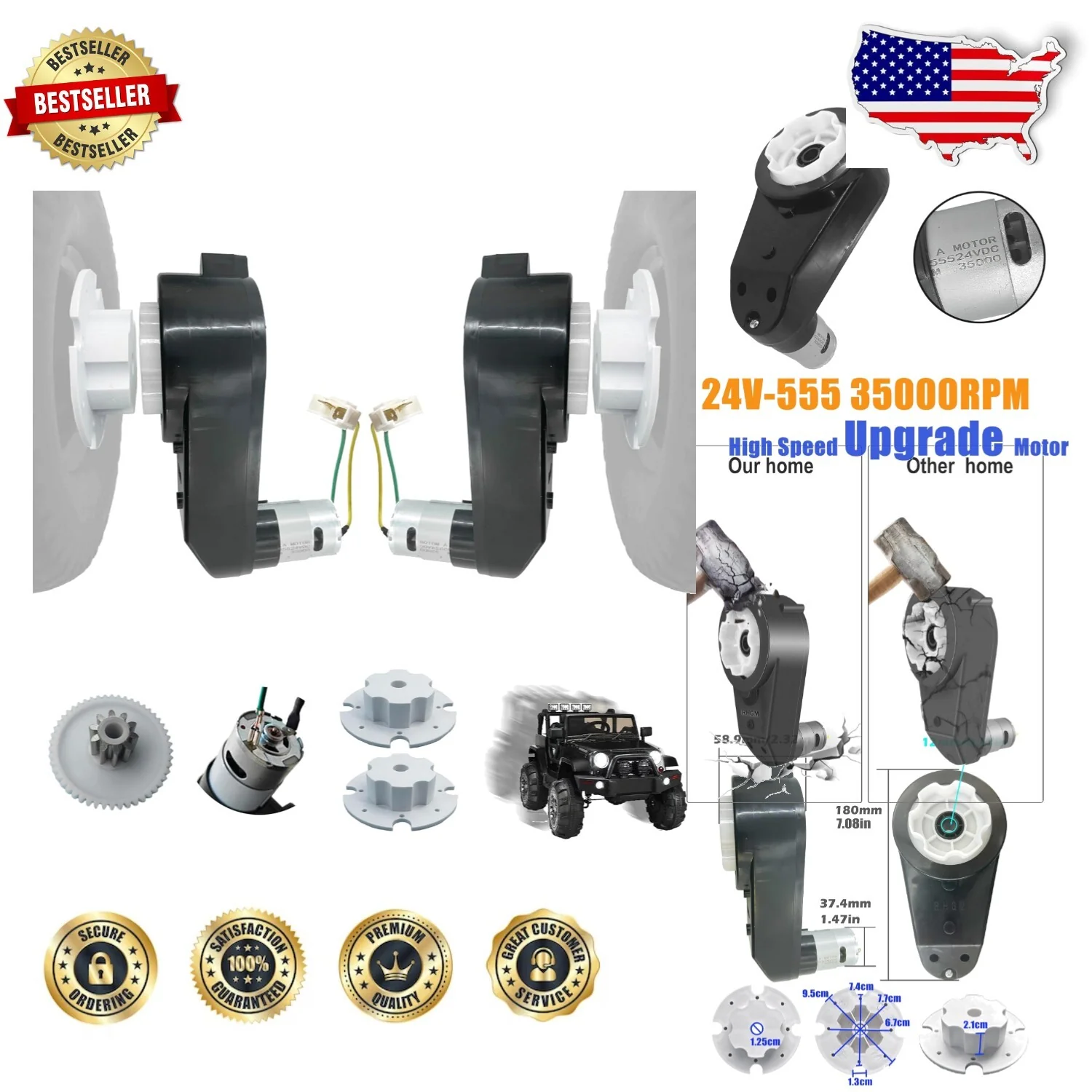 Power Wheels Upgrade Kit 2PCS 24V 35000 RPM Motor Gearbox with Accessories