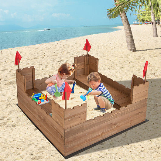 Premium Wooden Sandbox for Kids with Protective Liner and Fun Red Flags - Image 2