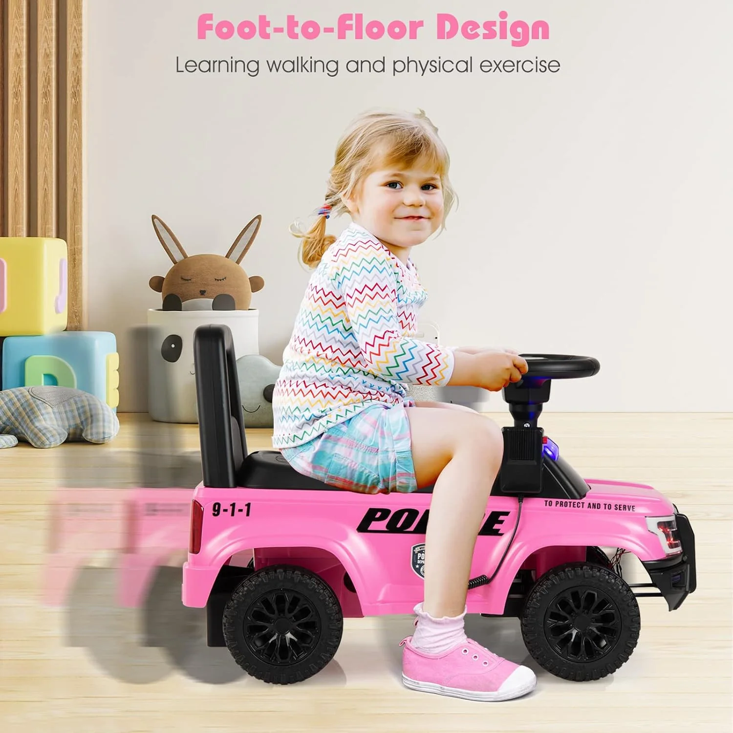 Toddler Police Push Car Foot-to-Floor Sliding Toy with Siren - Image 8