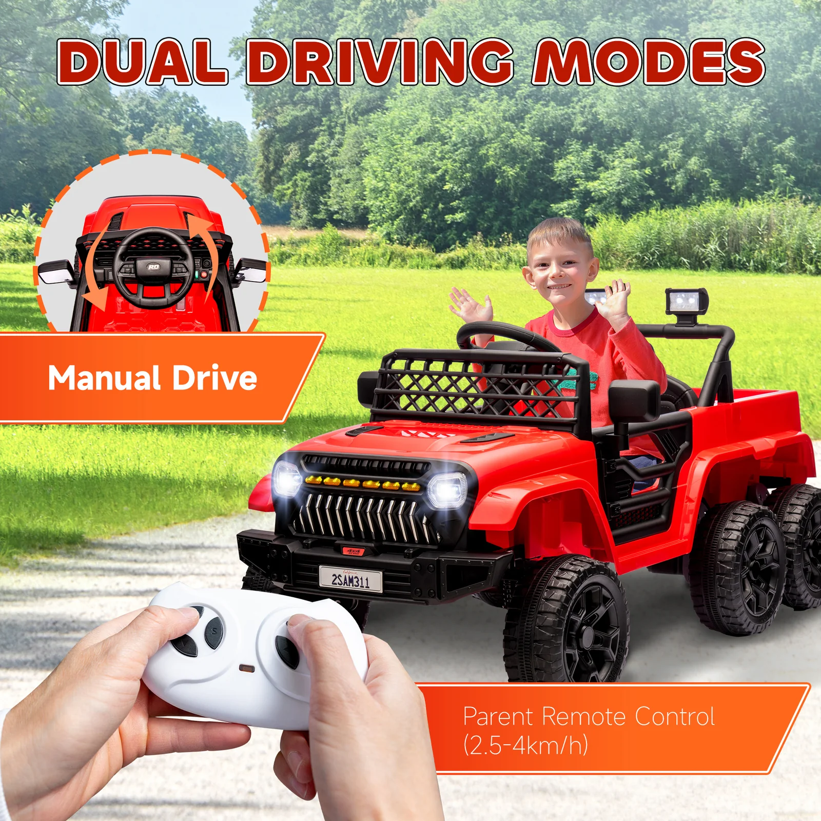 12V Kids 4x4 Ride-On Truck with Switchable 2WD/4WD and Rear Trailer - Image 3