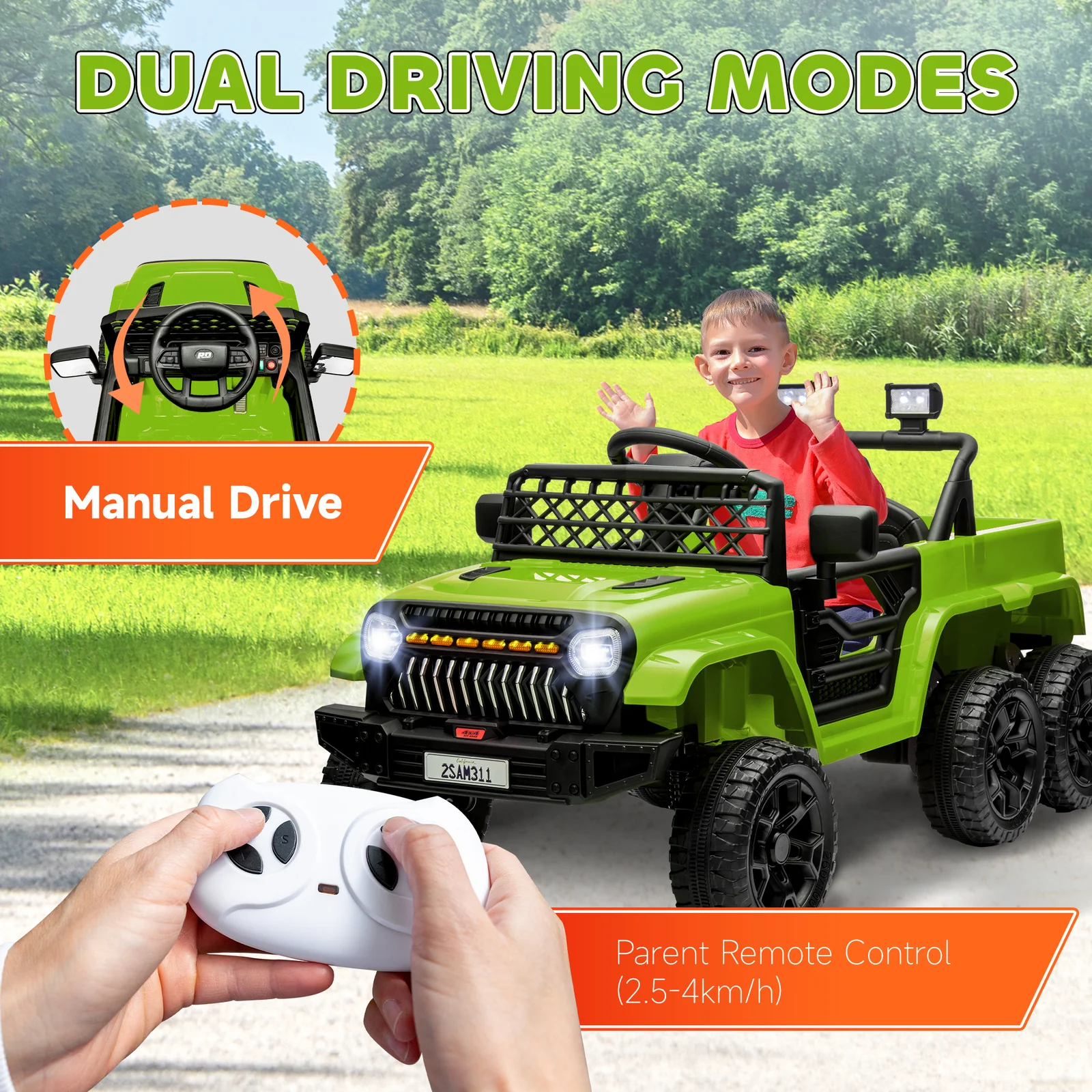 12V Kids Ride-On Truck with Switchable 2WD/4WD and Detachable Back Trailer 4x4 - Image 3
