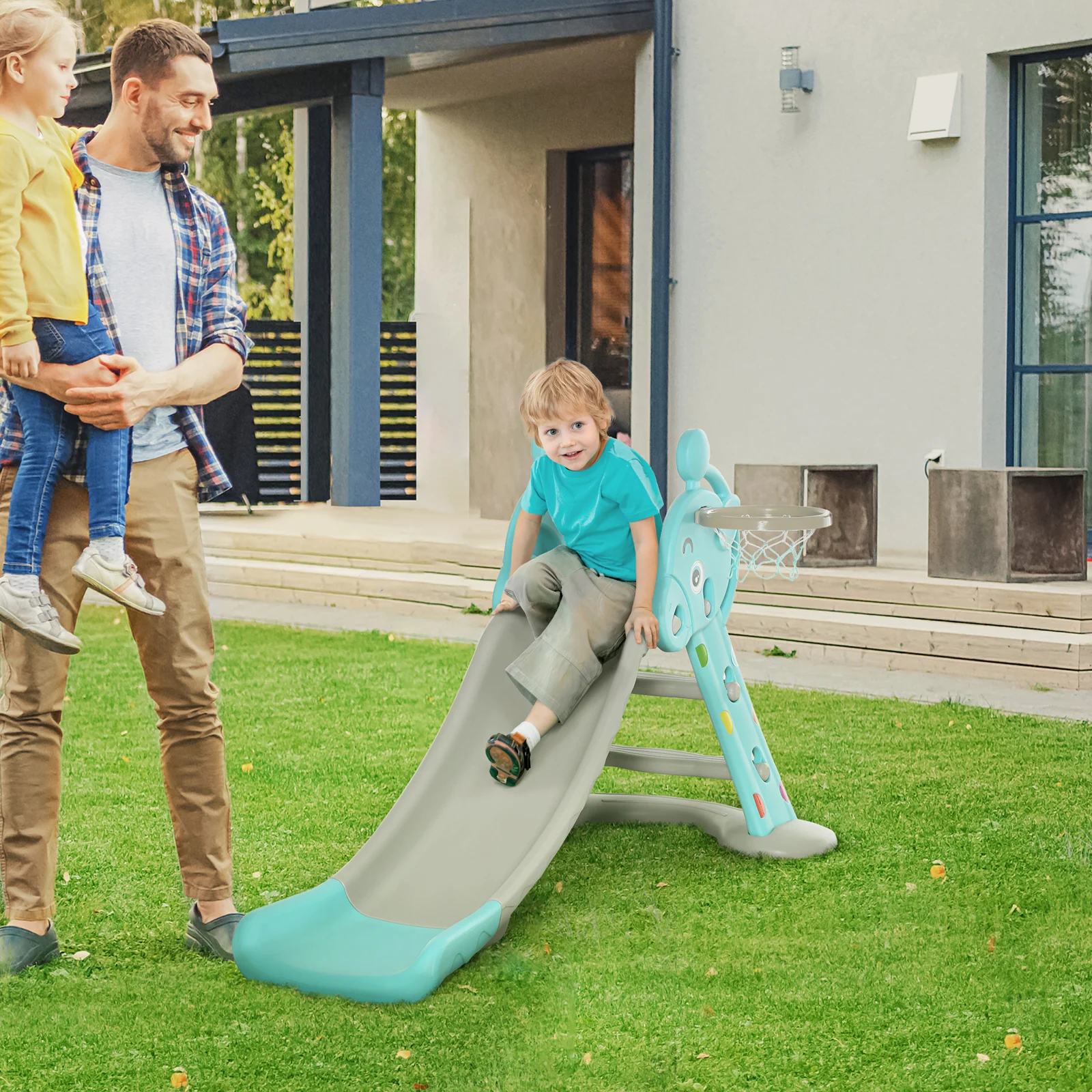 2-in-1 Foldable Kids Slide with Basketball Hoop Toddler Freestanding Playset - Image 9