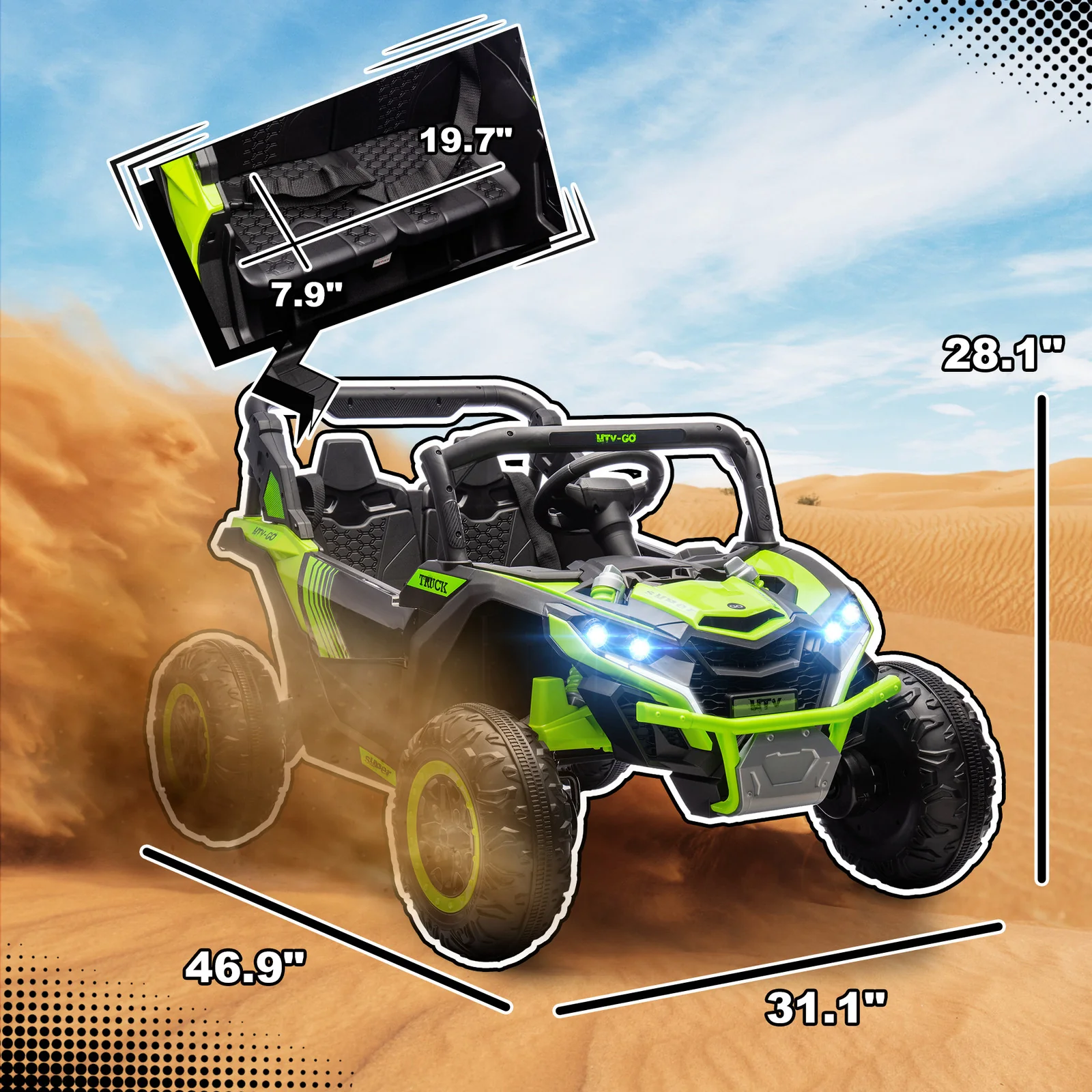 24V 7AH 2-Seater Electric Ride-On UTV Car with Music, Green, 4 MPH - Image 3