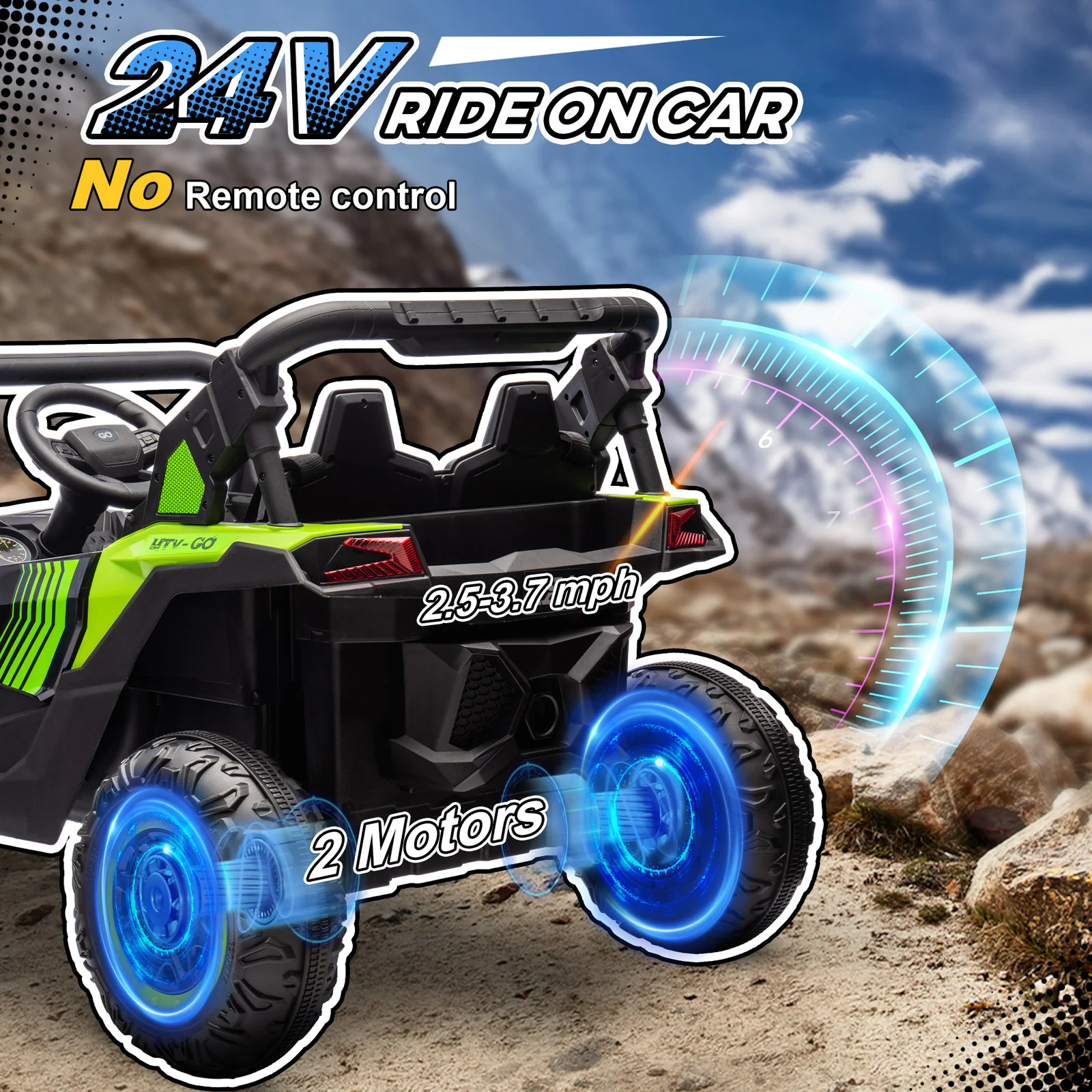 24V 7AH 2-Seater Electric Ride-On UTV Car with Music, Green, 4 MPH - Image 7