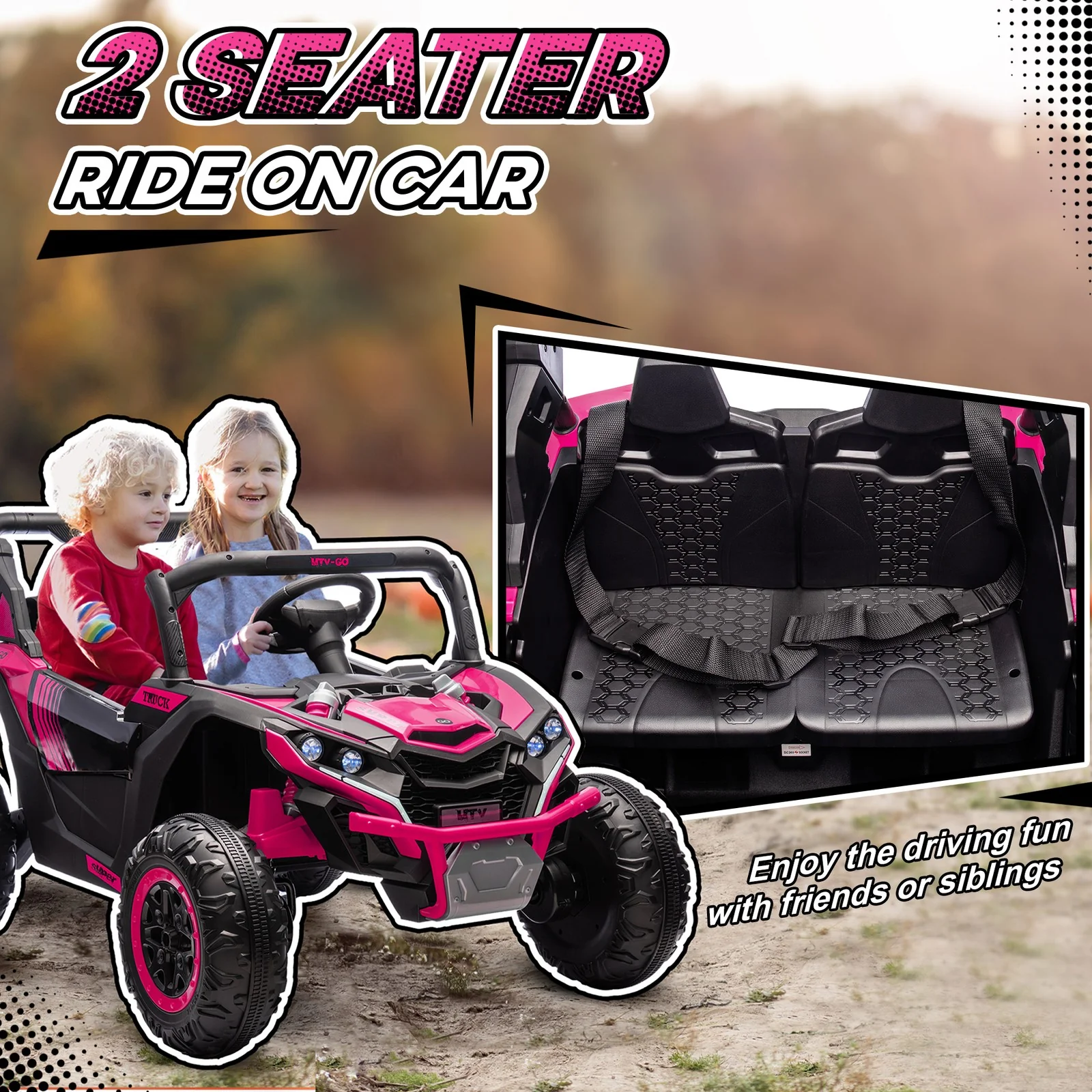 24V 7AH Pink 2-Seater Ride-On UTV Car with Music, 4 MPH - Image 5