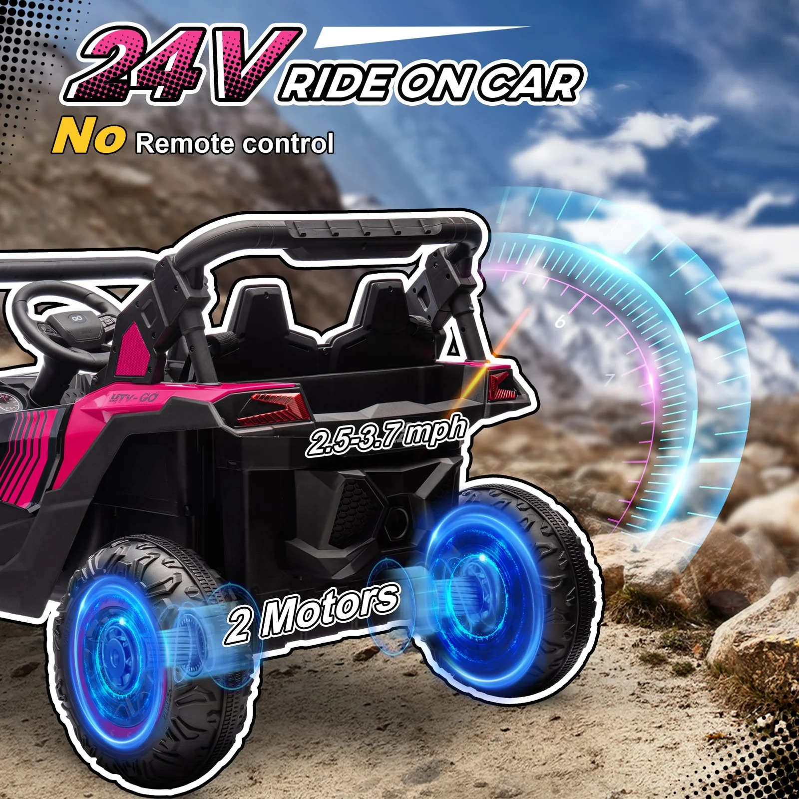 24V 7AH Pink 2-Seater Ride-On UTV Car with Music, 4 MPH - Image 7