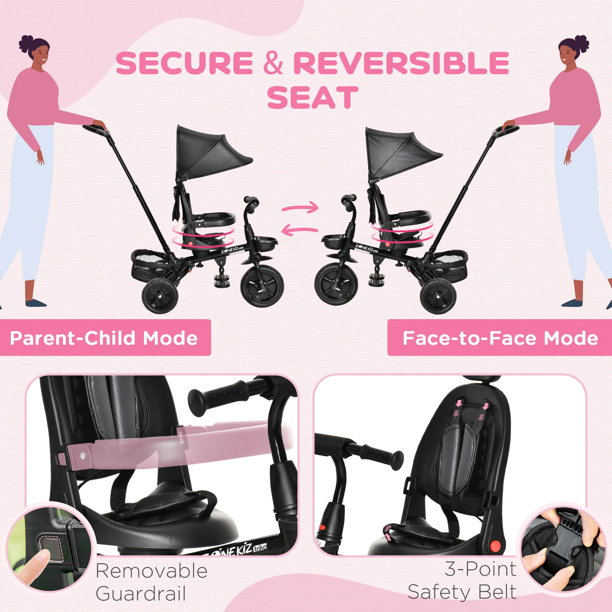 4-in-1 Baby Tricycle with Push Handle, Brake, Clutch, Footrest, Handrail, and Safety Belt - Image 18