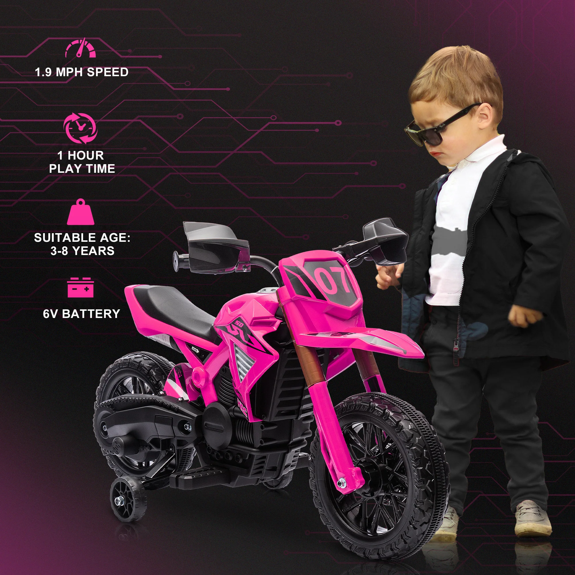 6V Kids Motorcycle with Training Wheels, Horn, and Start Sound - Image 17