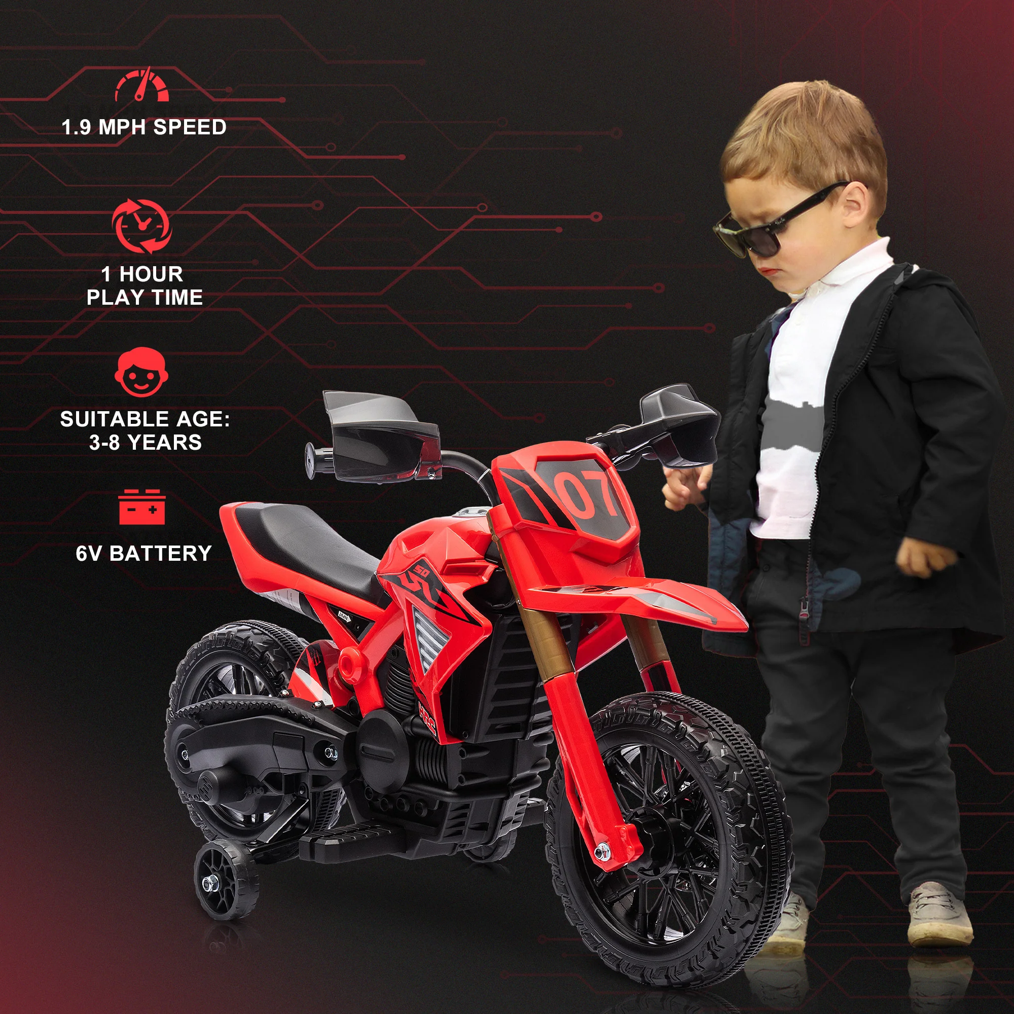 6V Kids Motorcycle with Training Wheels, Horn, and Start Sound - Image 5