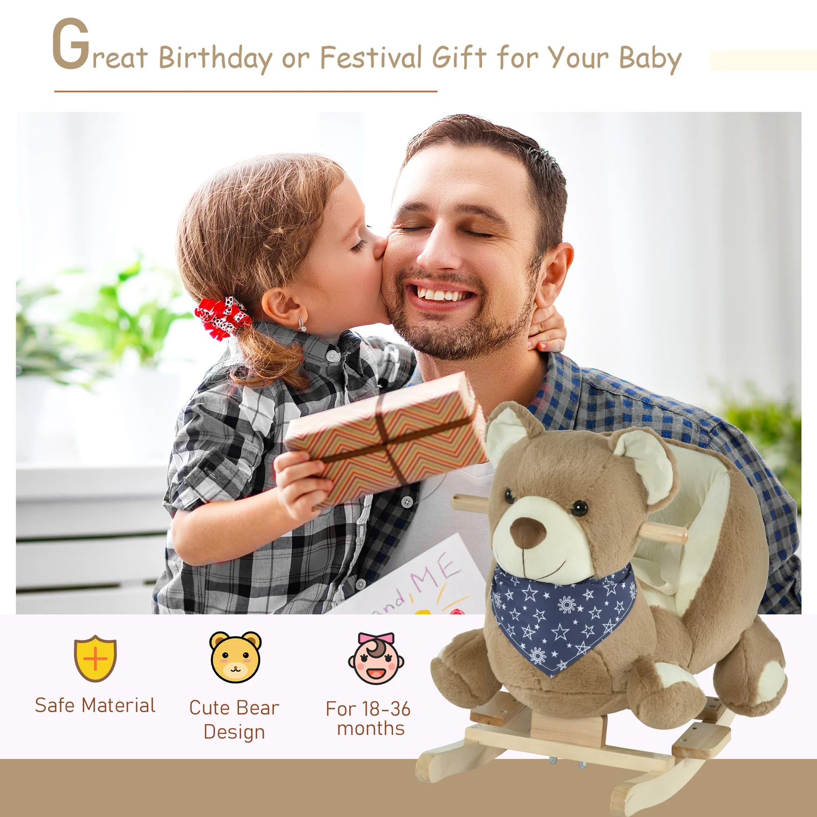 Deluxe Baby Rocking Horse with Lullaby, Bear-Themed Animal Ride-On Toy - Image 9