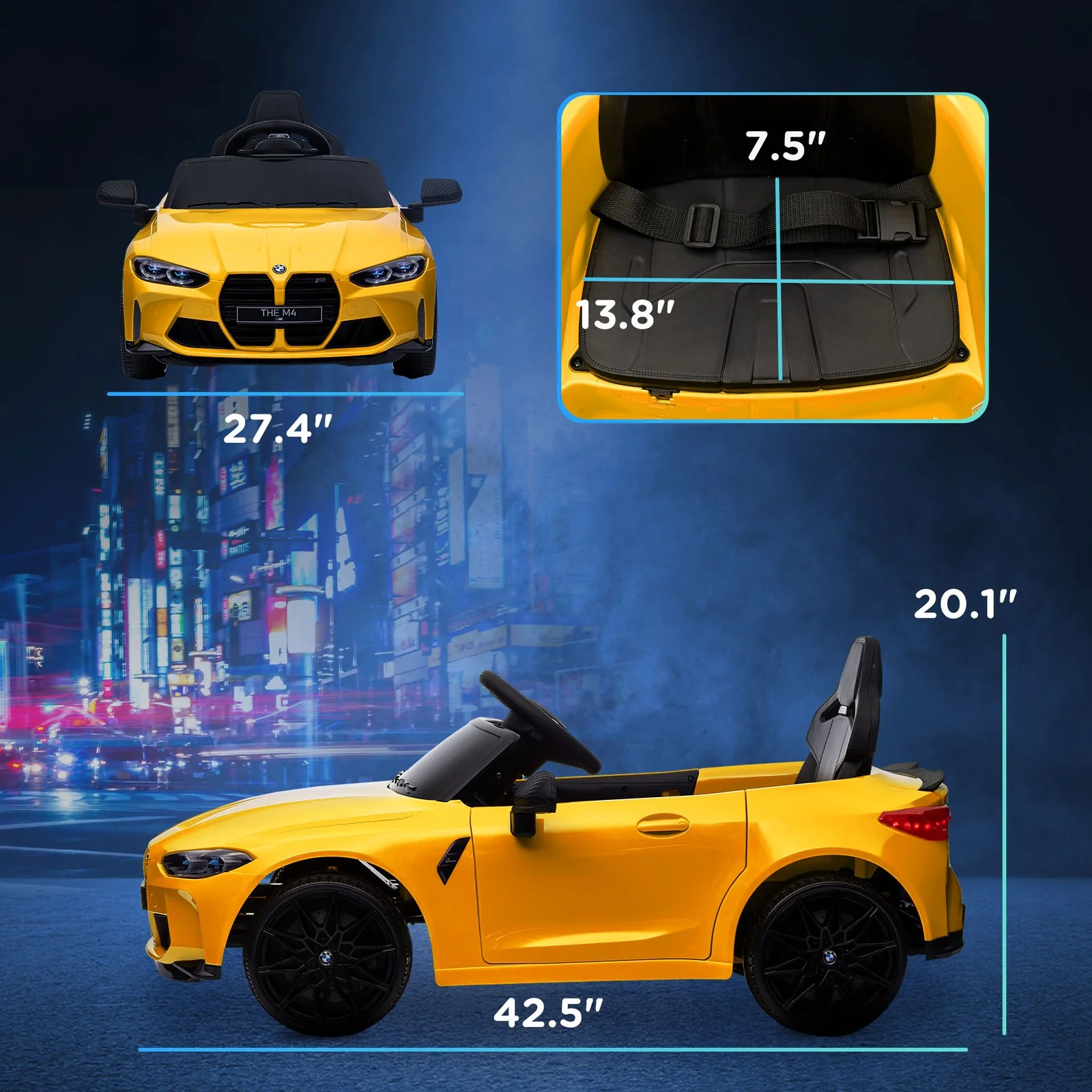 Licensed BMW M4 12V Ride-On Car with Handle Attachment in Yellow - Image 3