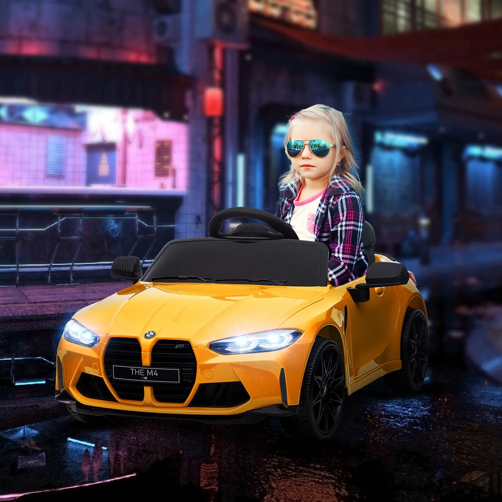Licensed BMW M4 12V Ride-On Car with Handle Attachment in Yellow - Image 9
