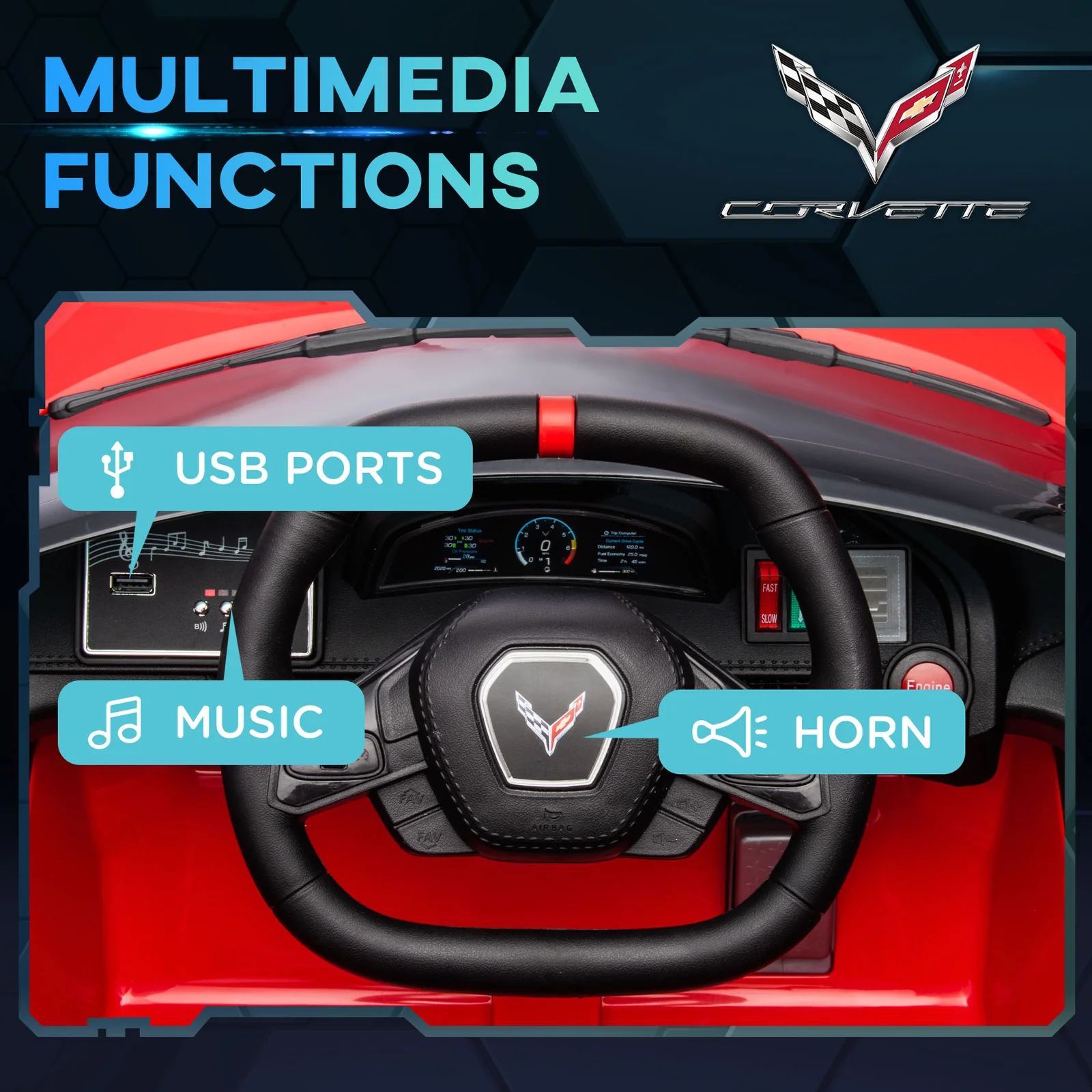 12V Licensed Chevrolet Corvette Electric Ride-On Car for Kids with Parental Remote - Image 3