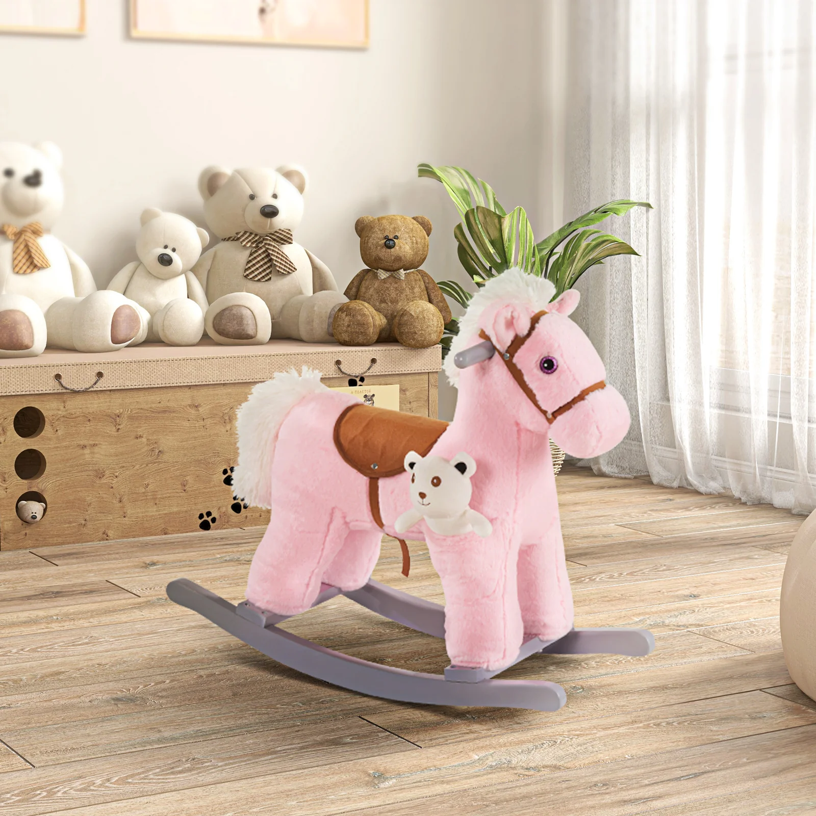 Deluxe Kids Ride-On Rocking Horse with Bear Toy and Soft Seat Chair - Image 9