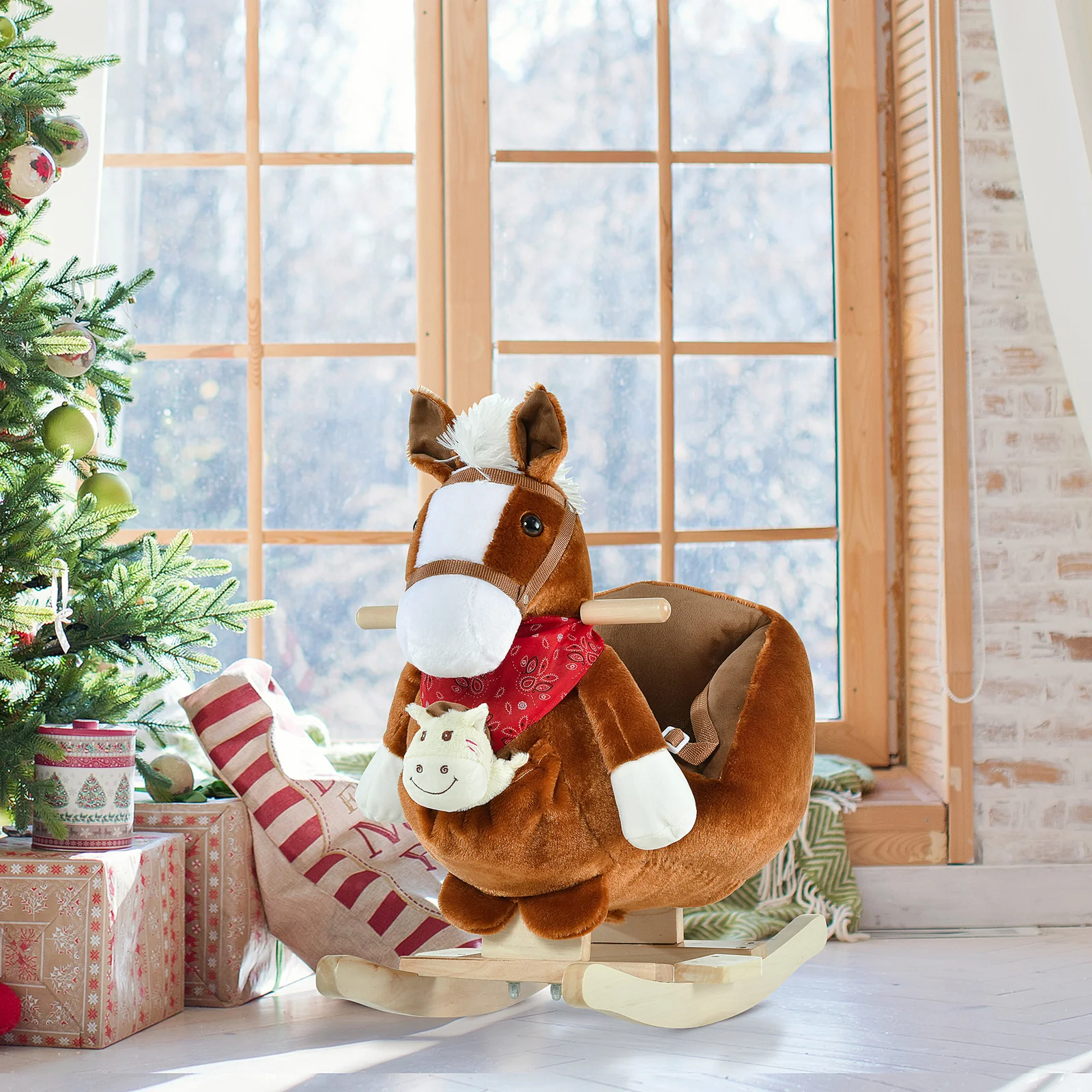 Kids Ride-On Rocking Horse Toy with Lullaby Music and Hand Puppets Set - Image 8
