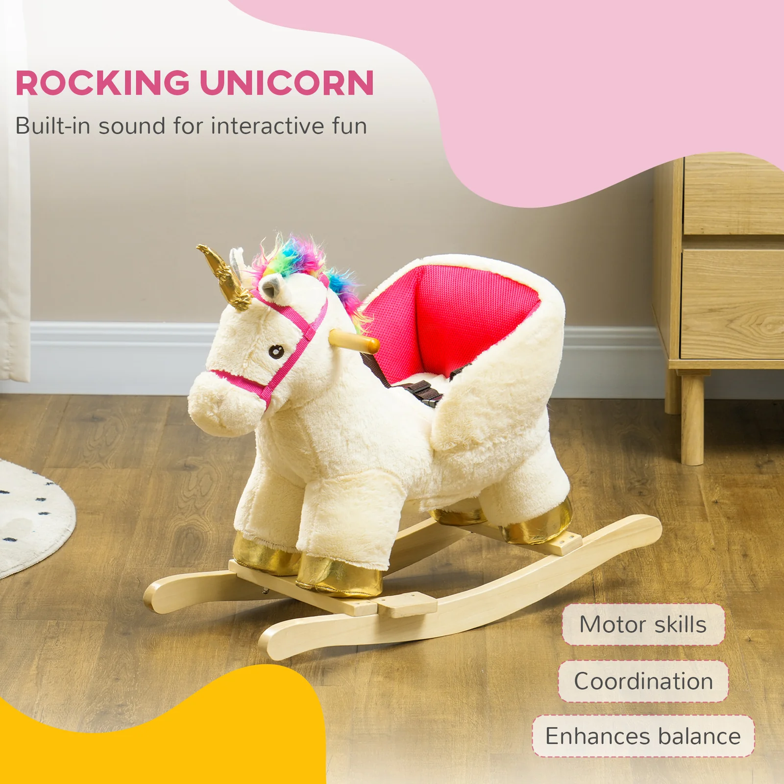 Kids Rocking Unicorn Horse with Realistic Sounds and Safety Belt - Image 5