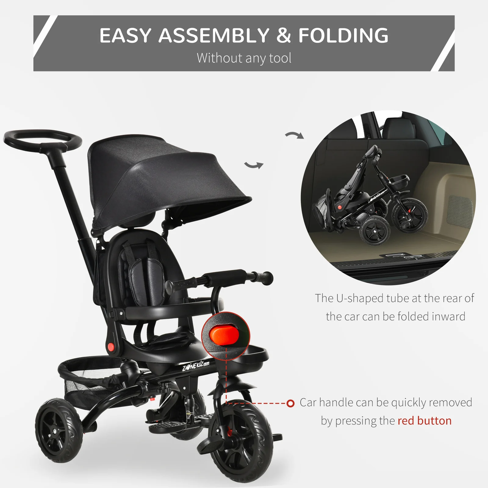 4-in-1 Kids Tricycle with Reversible Seat and Adjustable 2.8-3.1 ft Height Push Handle - Image 2