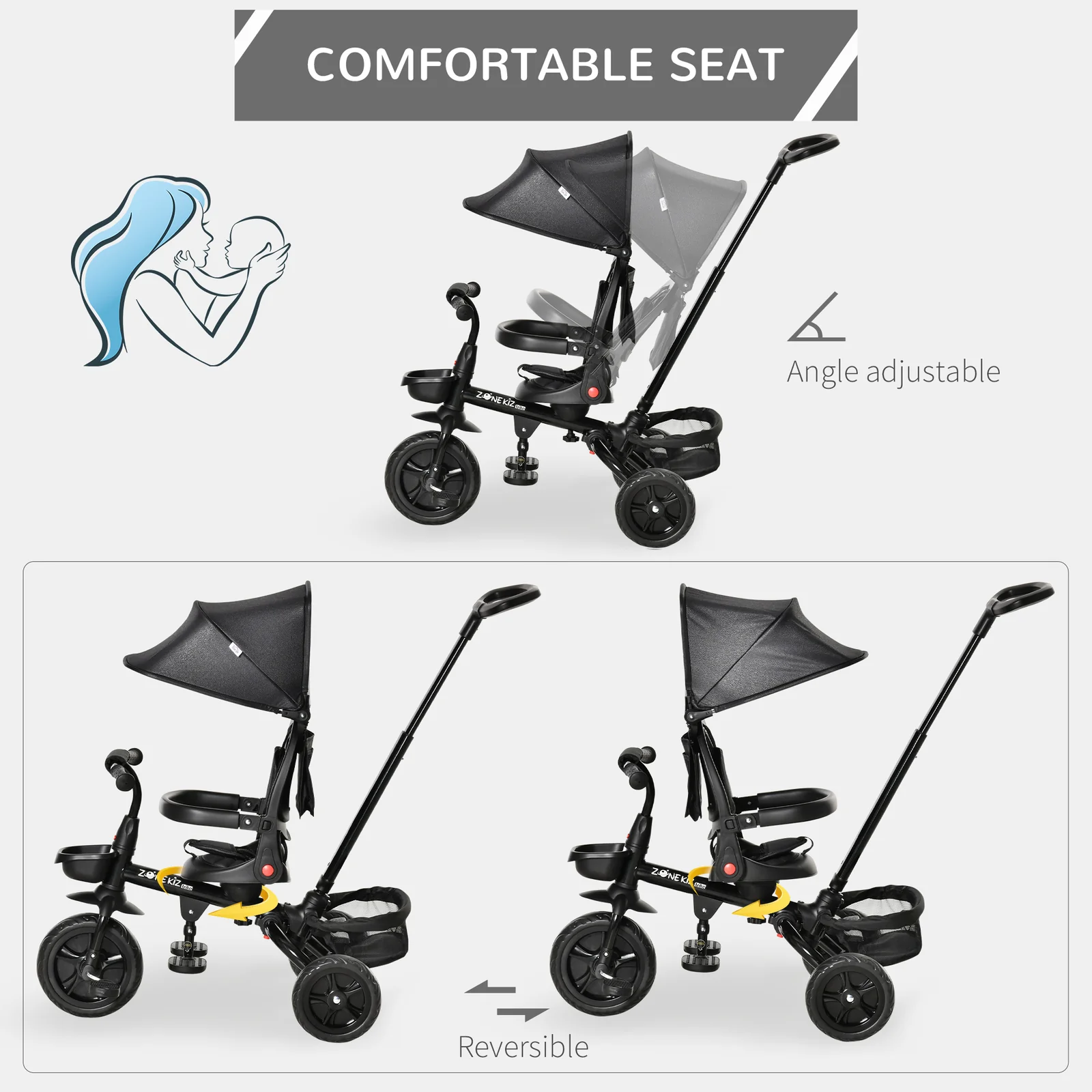 4-in-1 Kids Tricycle with Reversible Seat and Adjustable 2.8-3.1 ft Height Push Handle - Image 4