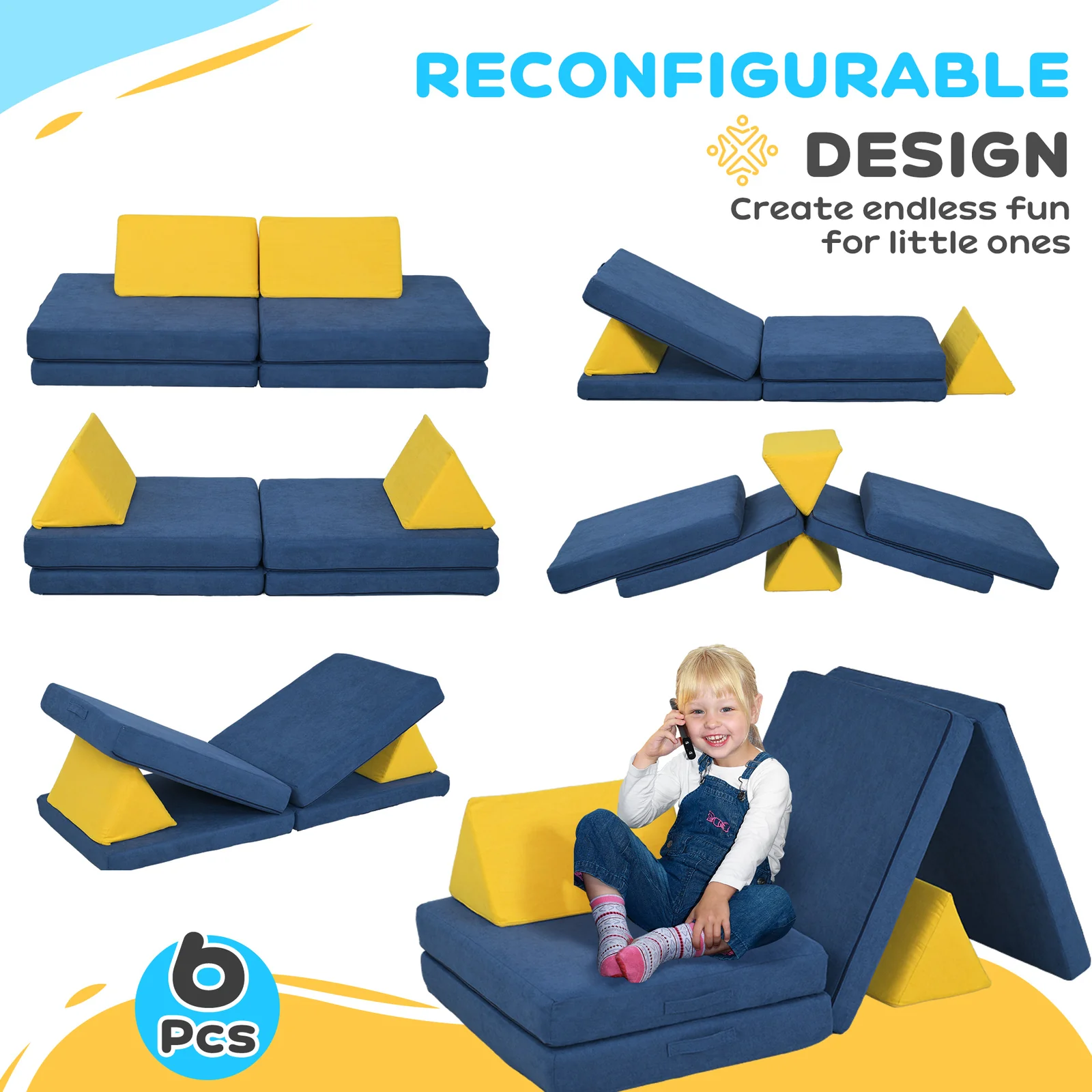 Modular 6-Piece Kids Play Couch for Playroom and Bedroom - Image 5