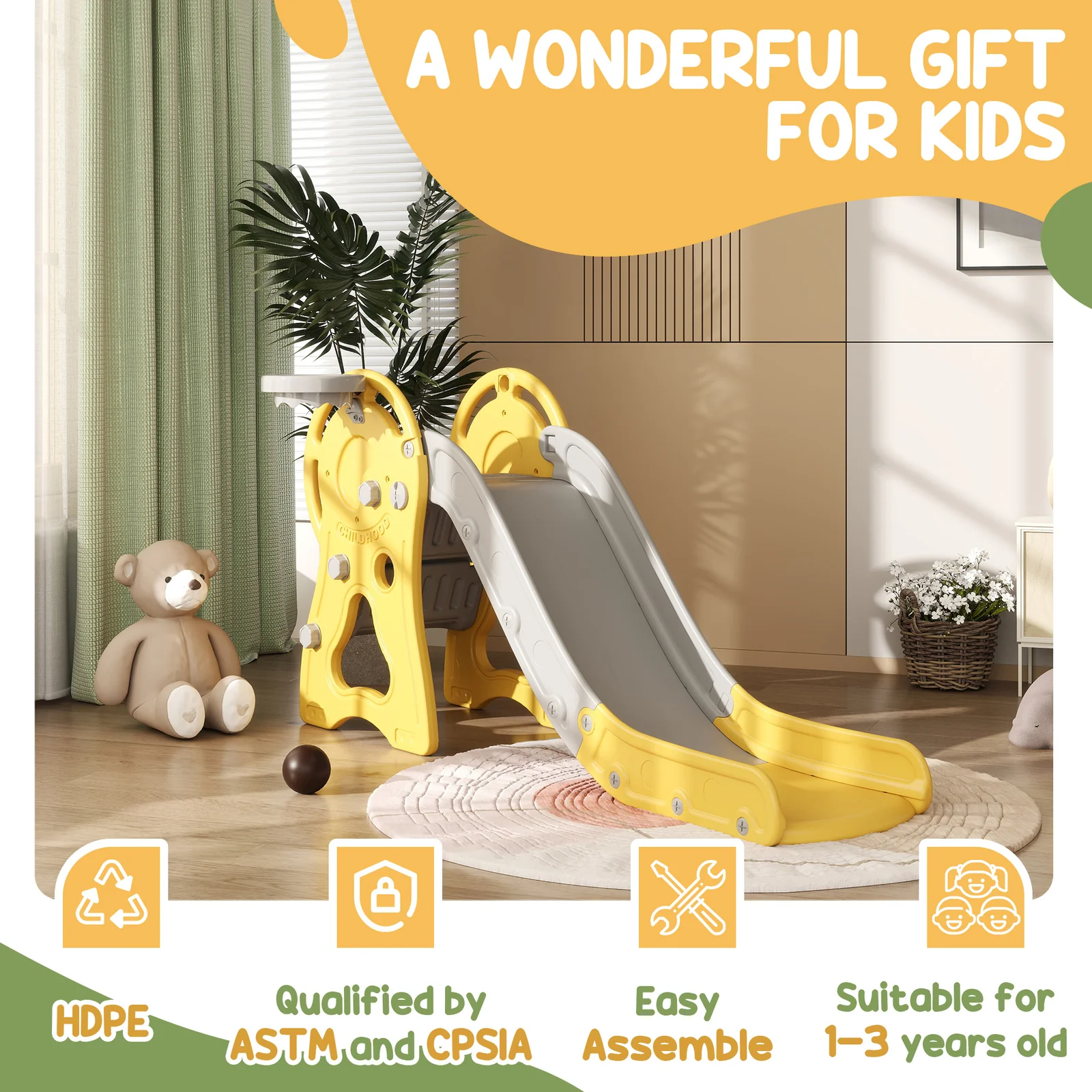 3-in-1 Toddler Indoor Slide with Basket for Kids Ages 1-3 Years - Image 2