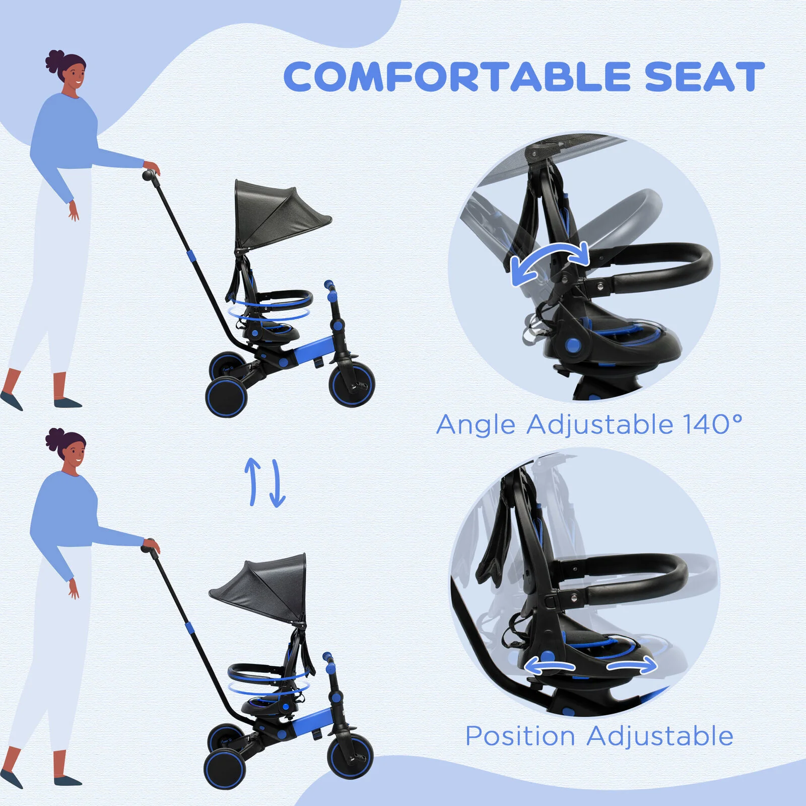 Toddler Tricycle with Aluminum Frame and Adjustable Push Handle in Blue - Image 11