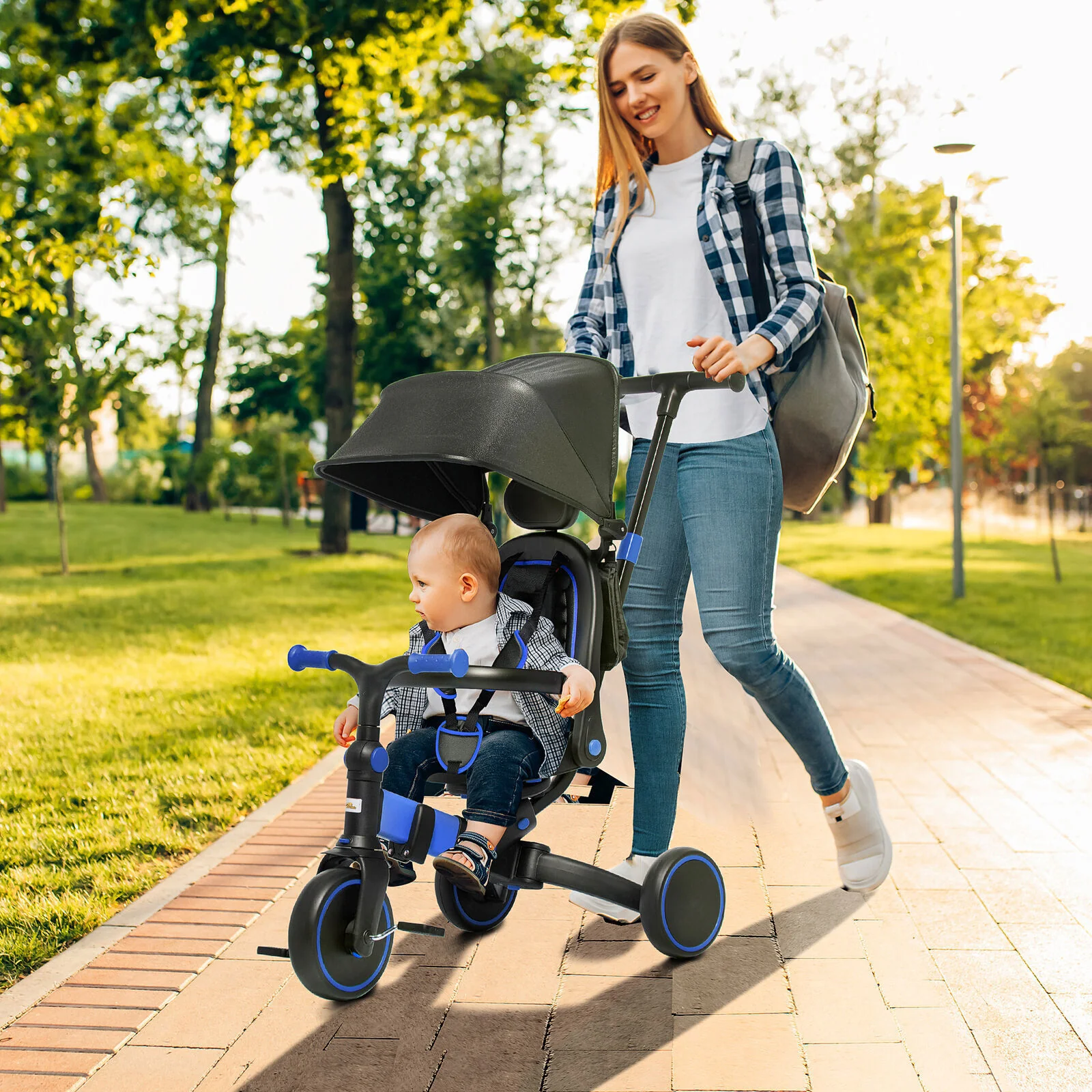 Toddler Tricycle with Aluminum Frame and Adjustable Push Handle in Blue - Image 12