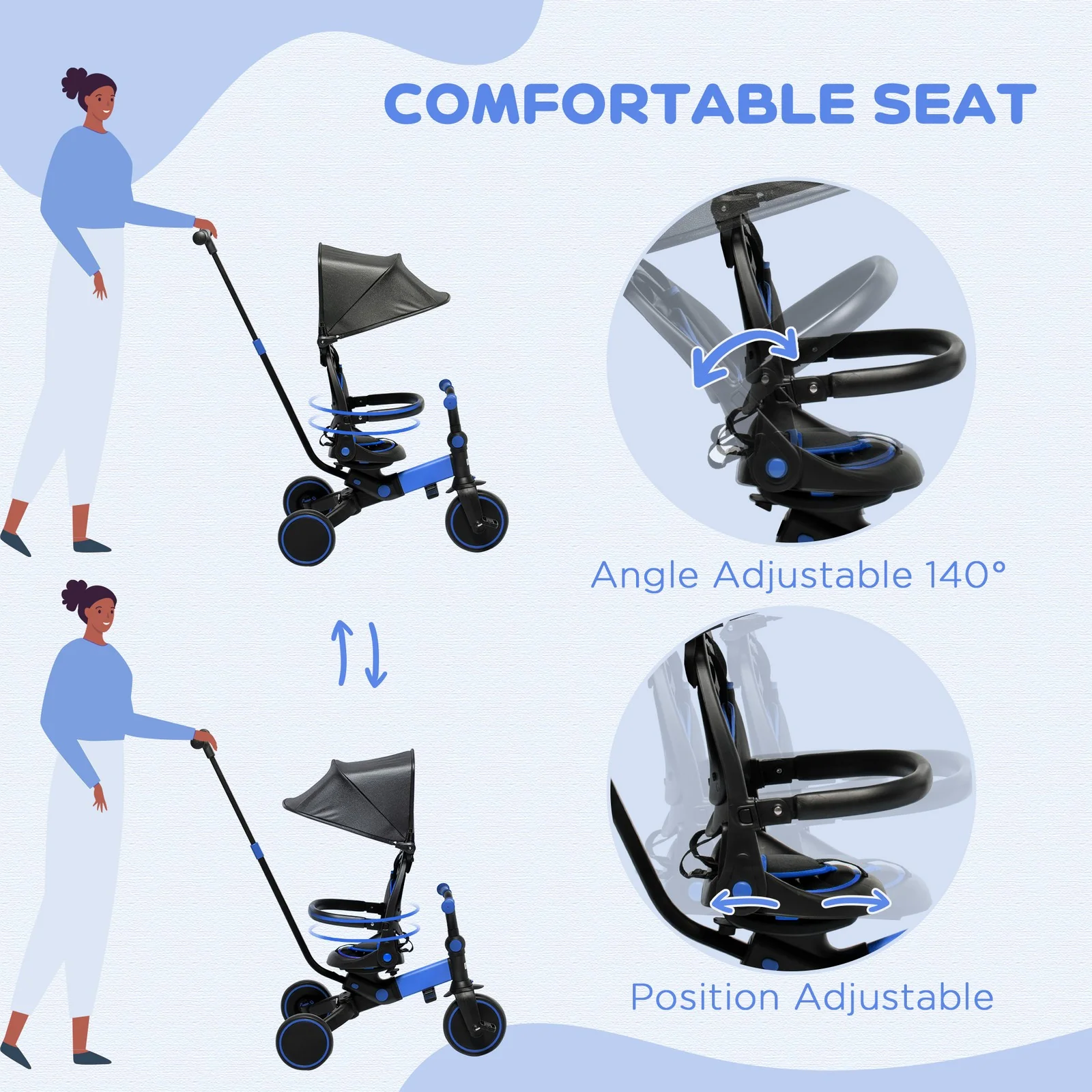 Toddler Tricycle with Aluminum Frame and Adjustable Push Handle in Blue - Image 11