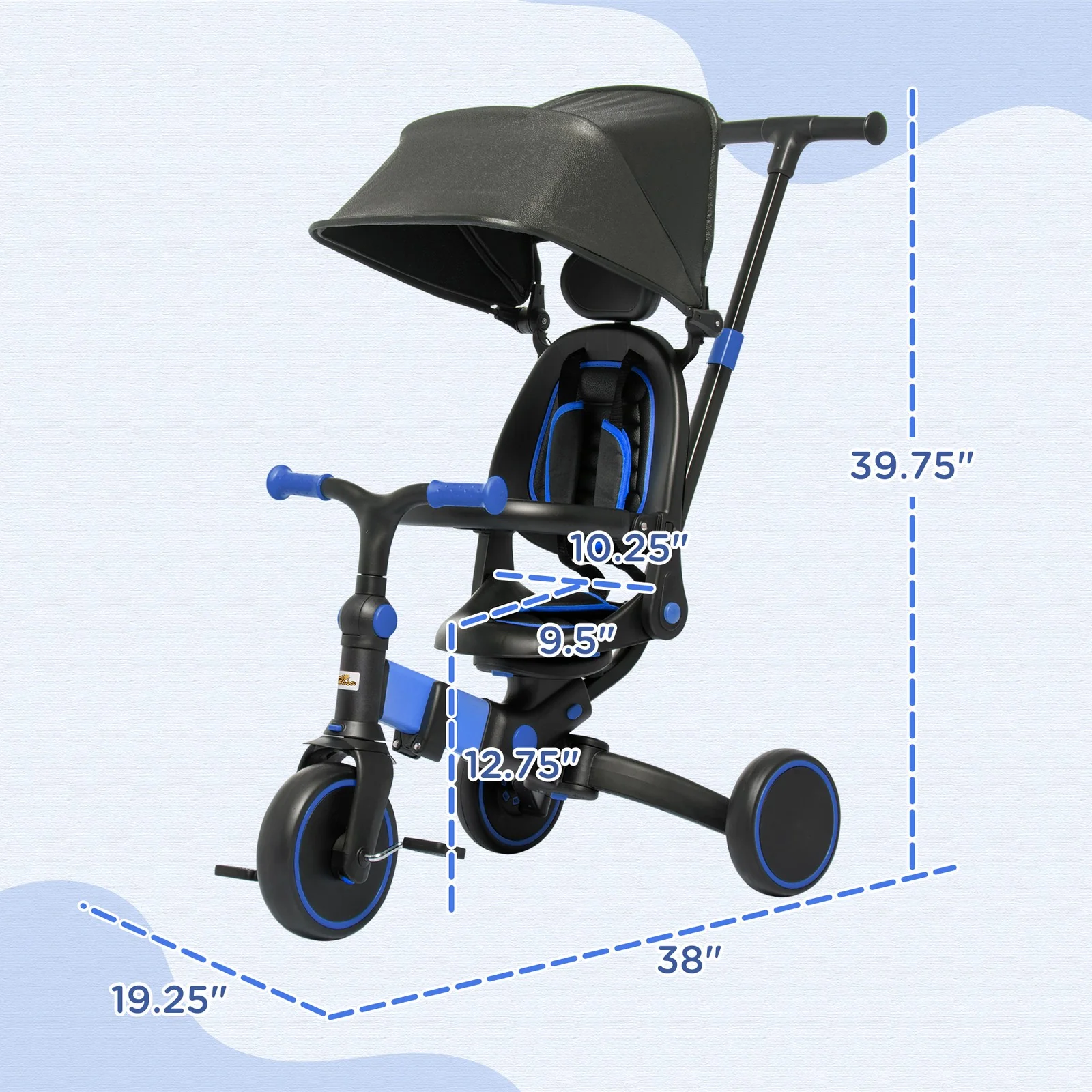 Toddler Tricycle with Aluminum Frame and Adjustable Push Handle, Blue - Image 3