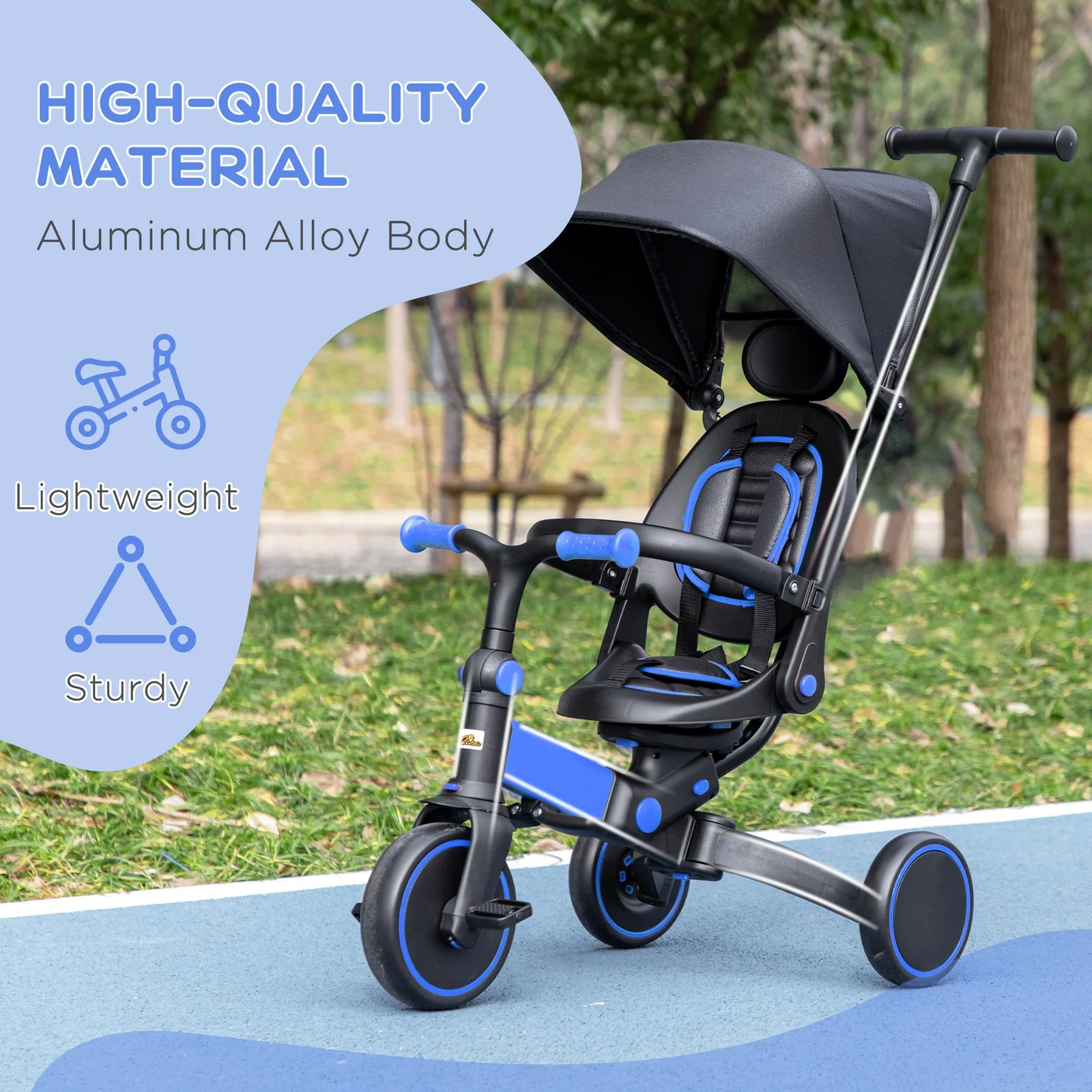 Toddler Tricycle with Aluminum Frame and Adjustable Push Handle, Blue - Image 8