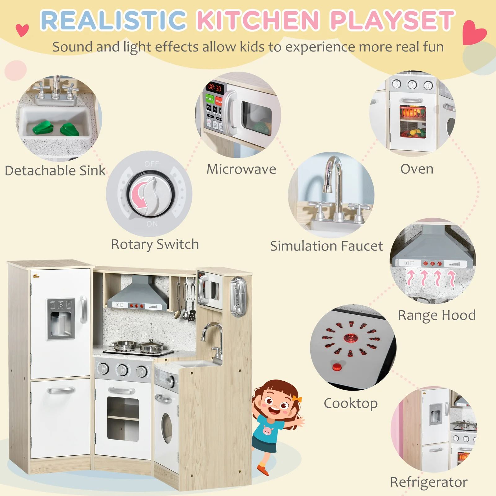 Large Corner Wooden Kids Kitchen Playset with Sound Effects - Image 6