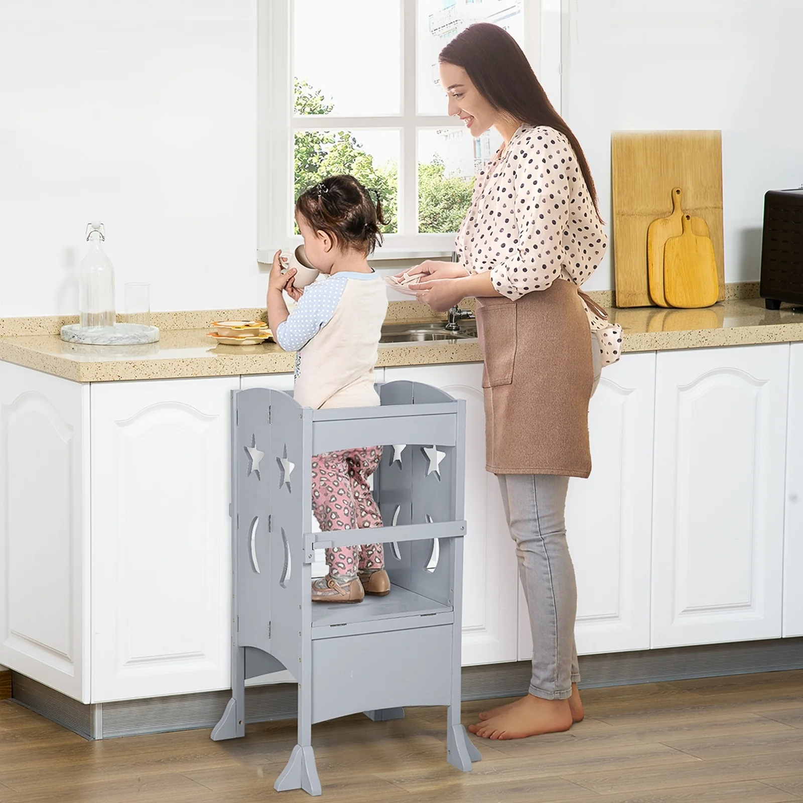 Wooden Foldable Kitchen Step Stool for Kids Toddler Helper Tower - Image 9