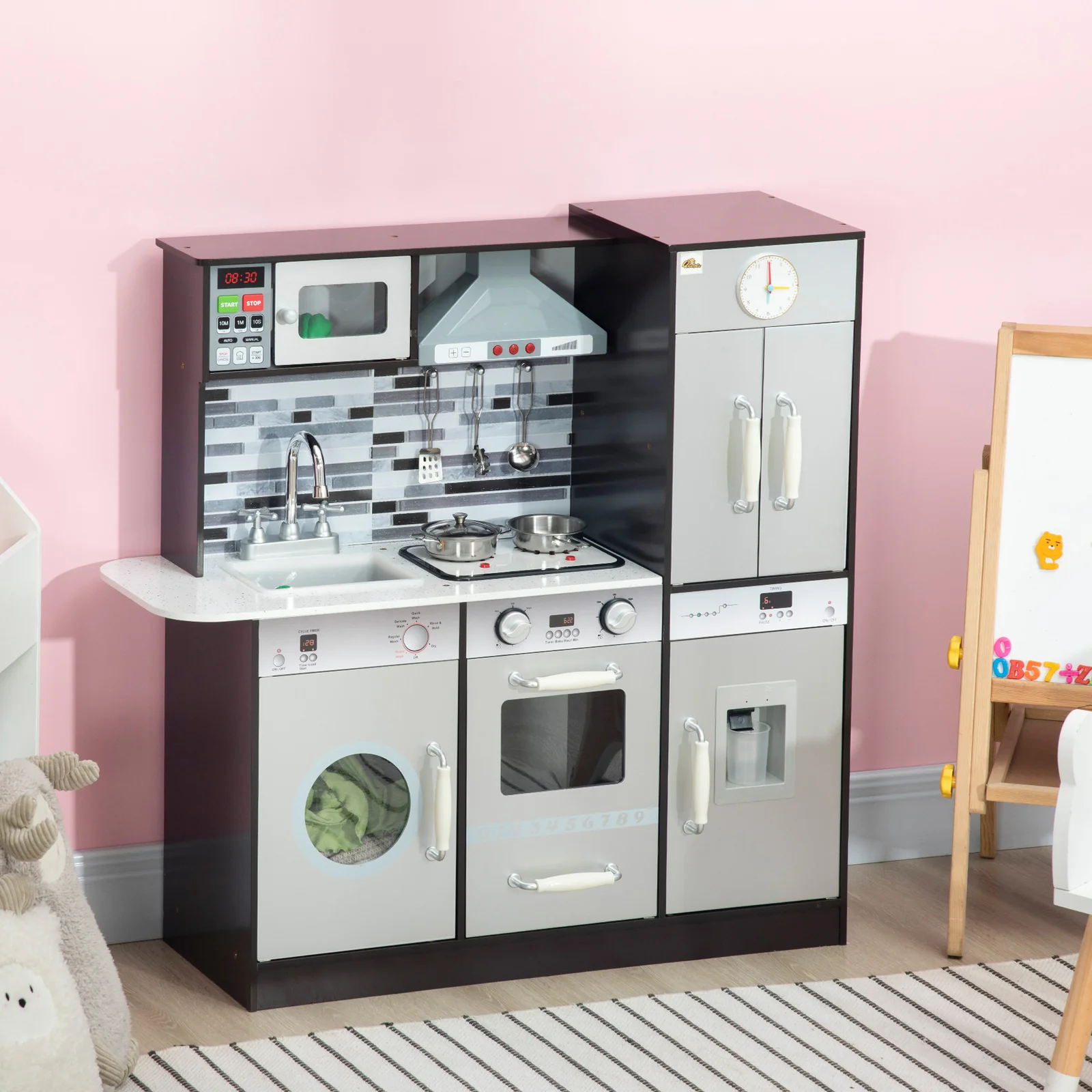 Wooden Kids Play Kitchen Set with Lights, Sounds and Pretend Washing Machine - Image 2