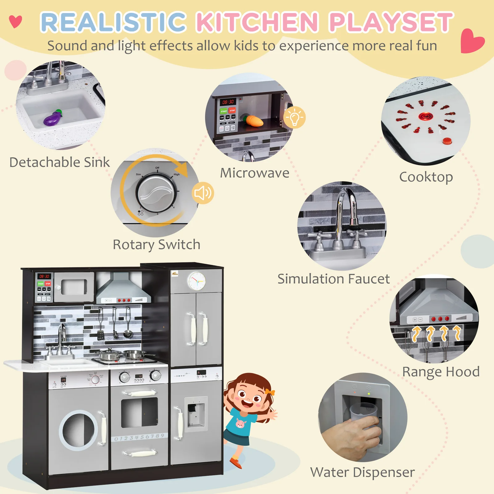Wooden Kids Play Kitchen Set with Lights, Sounds and Pretend Washing Machine - Image 4