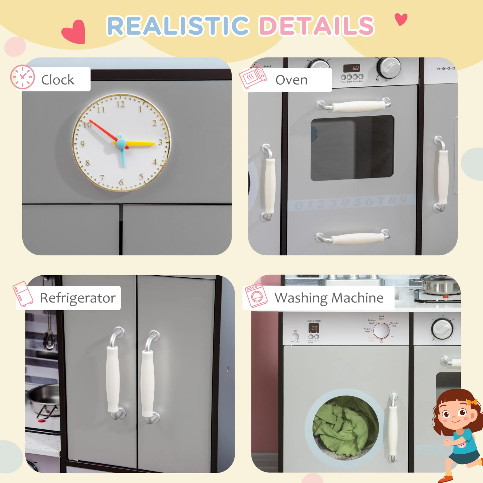 Wooden Kids Play Kitchen Set with Lights, Sounds and Pretend Washing Machine - Image 5