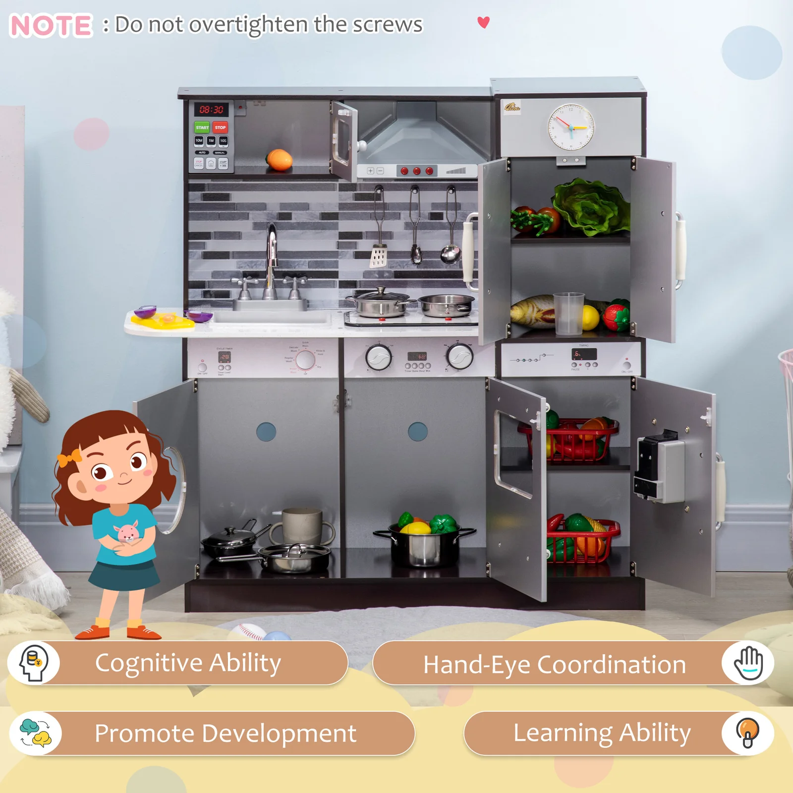 Wooden Kids Play Kitchen Set with Lights, Sounds and Pretend Washing Machine - Image 6