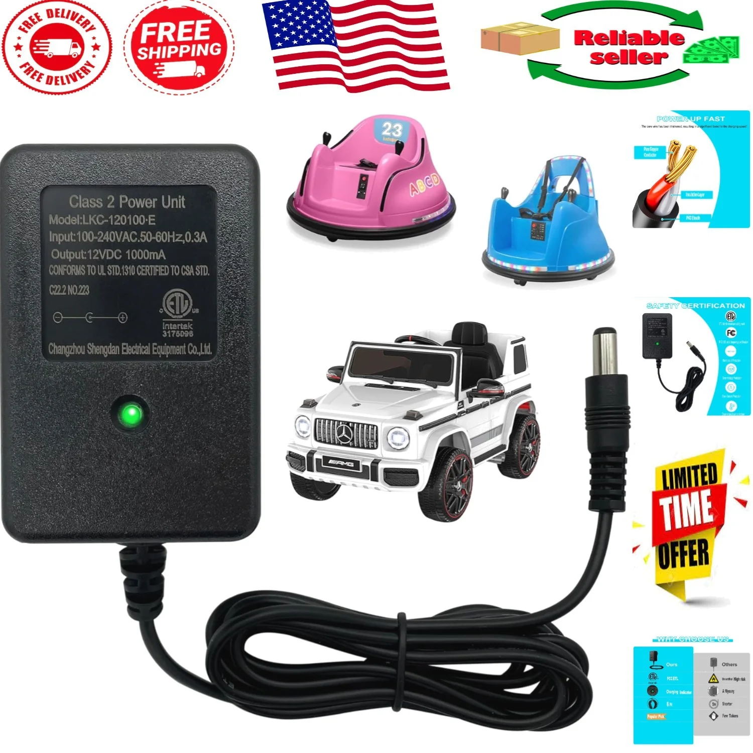 Quick Charge 12V Battery Adapter for Ride-On and Bumper Cars with 6FT Cable