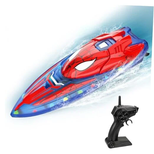 2.4 GHz Remote Control Boat with LED Lights for Kids Pool Play Spider Hero Design