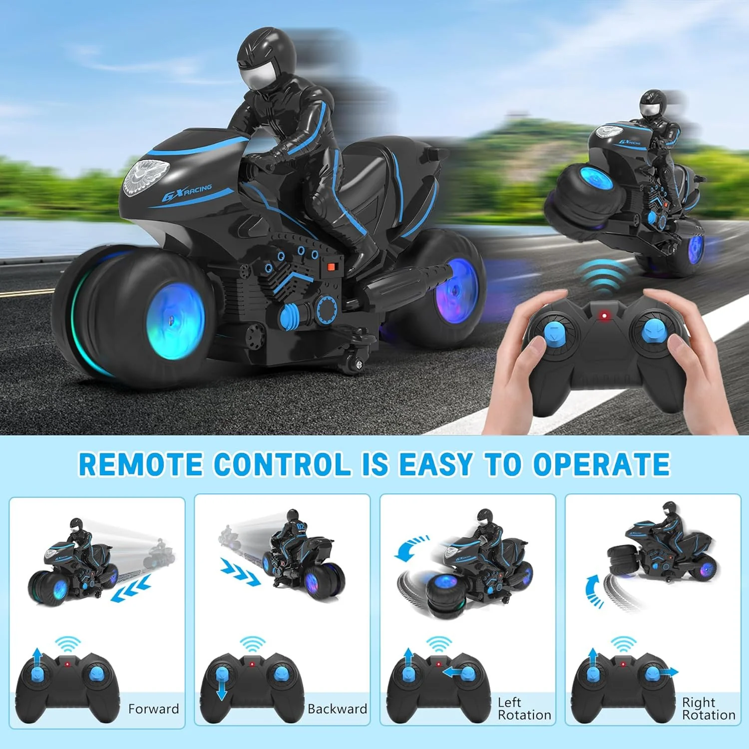 Remote Control Motorcycle with RGB Light-Up Wheels and 360-Degree Rotation - Image 3