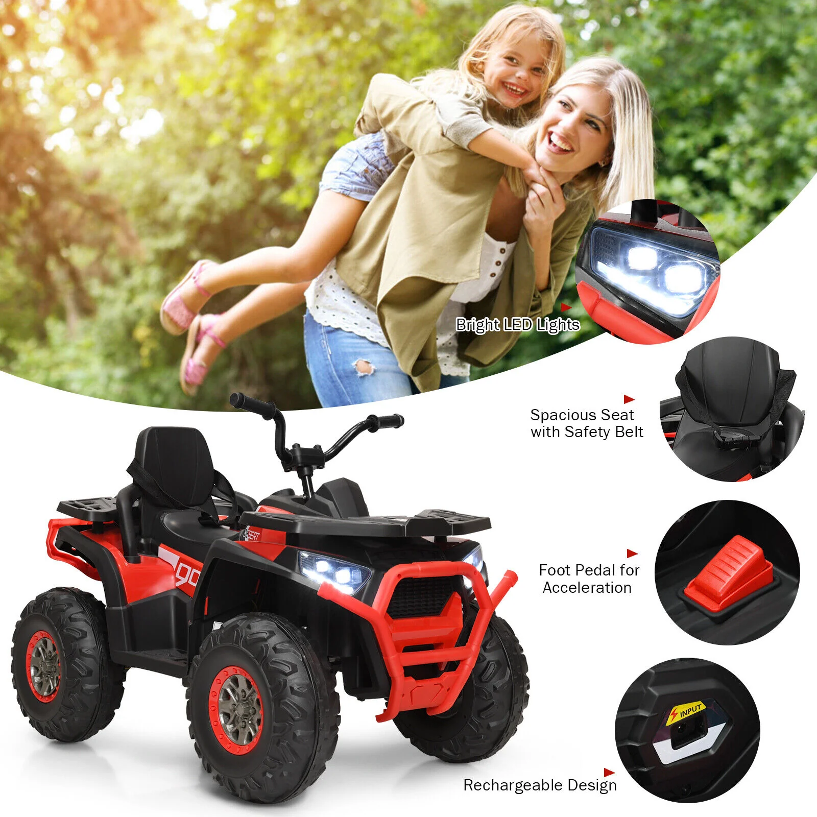 Red 12V Electric ATV Quad for Kids with 2 Speeds, MP3 Player, and LED Lights - Image 9