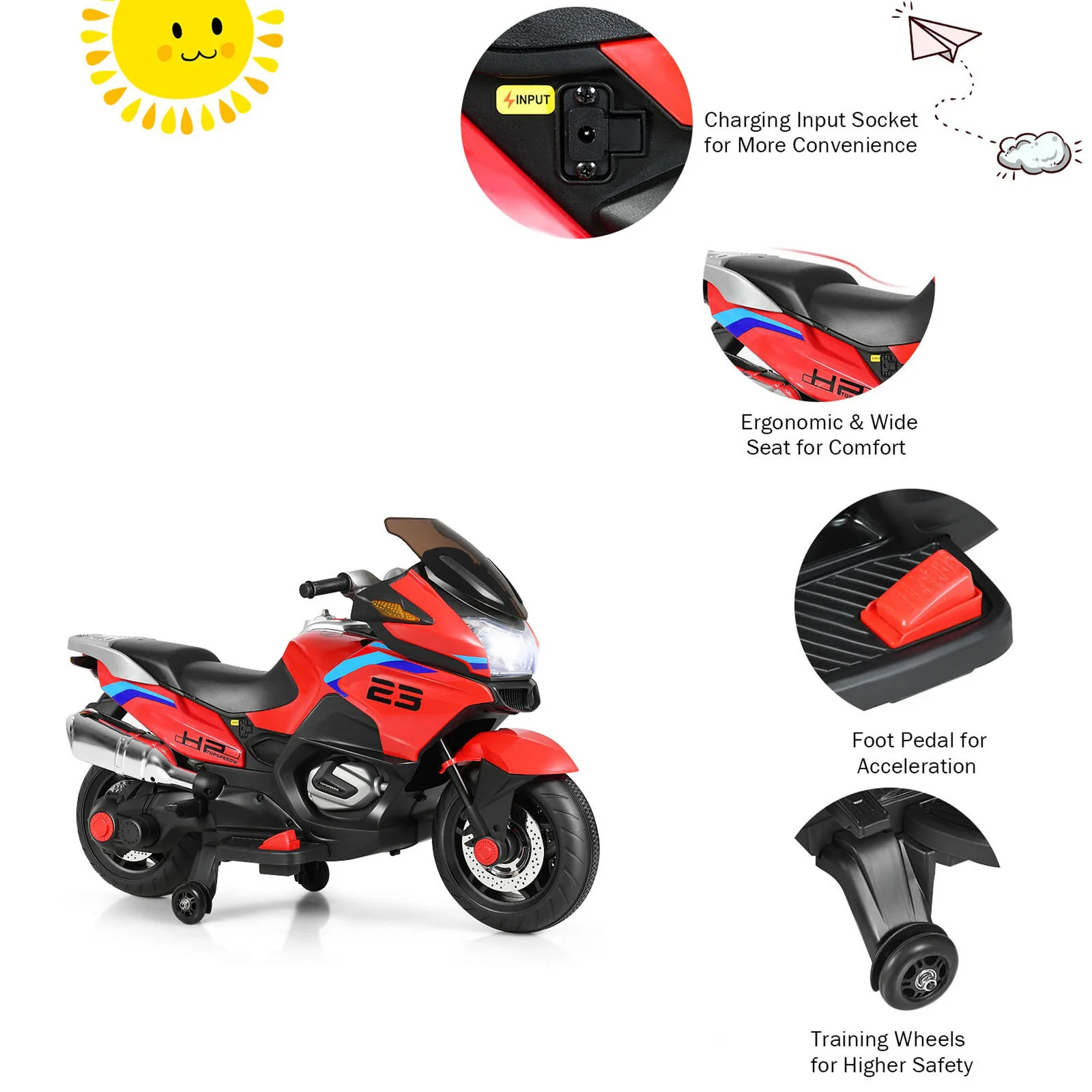Red 12V Electric Kids Ride On Motorcycle with Training Wheels - Image 9